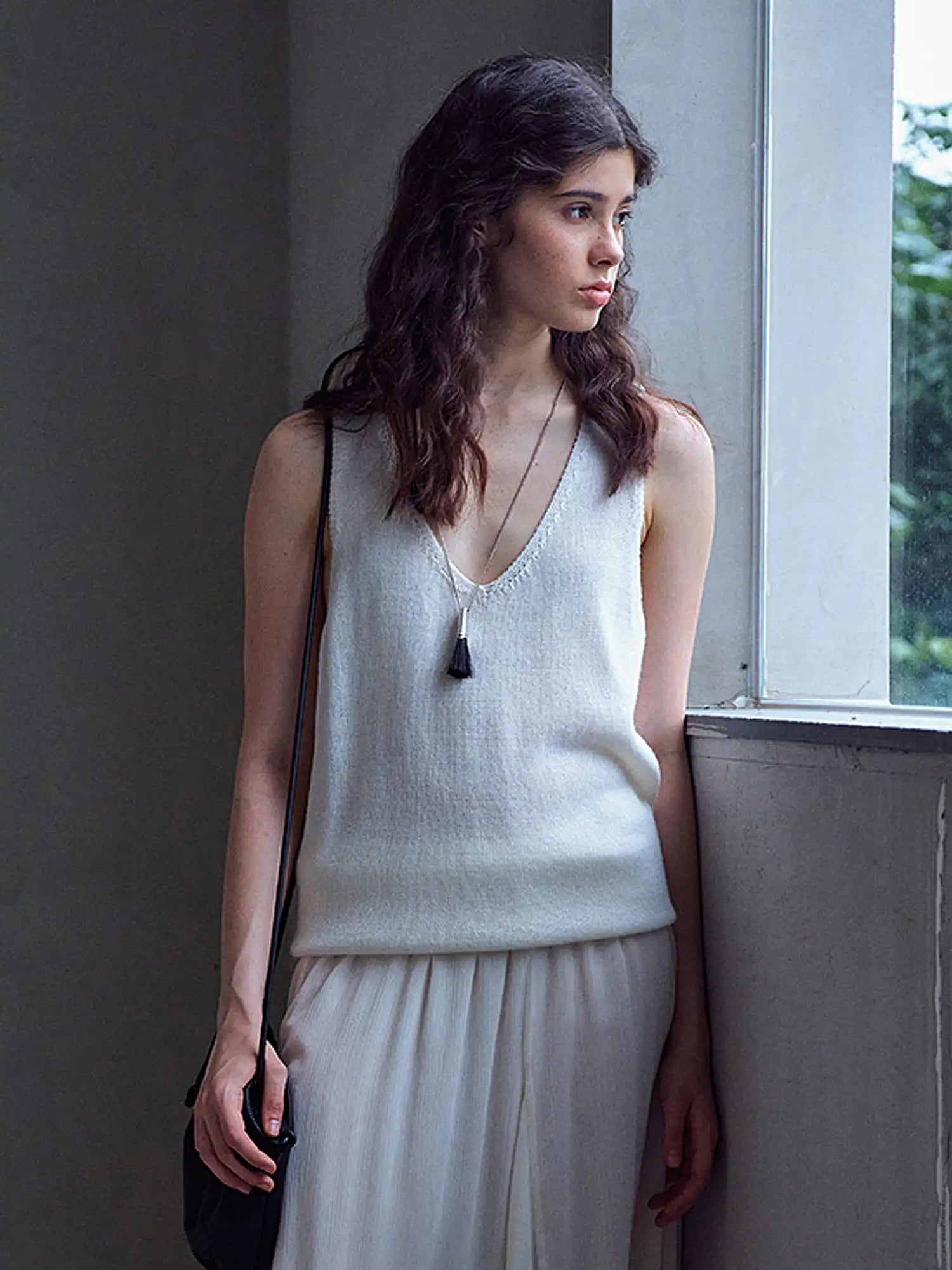 CantonCollective Design Raw Edge V-Neck Wool Blend Tank Top | Canton Collective