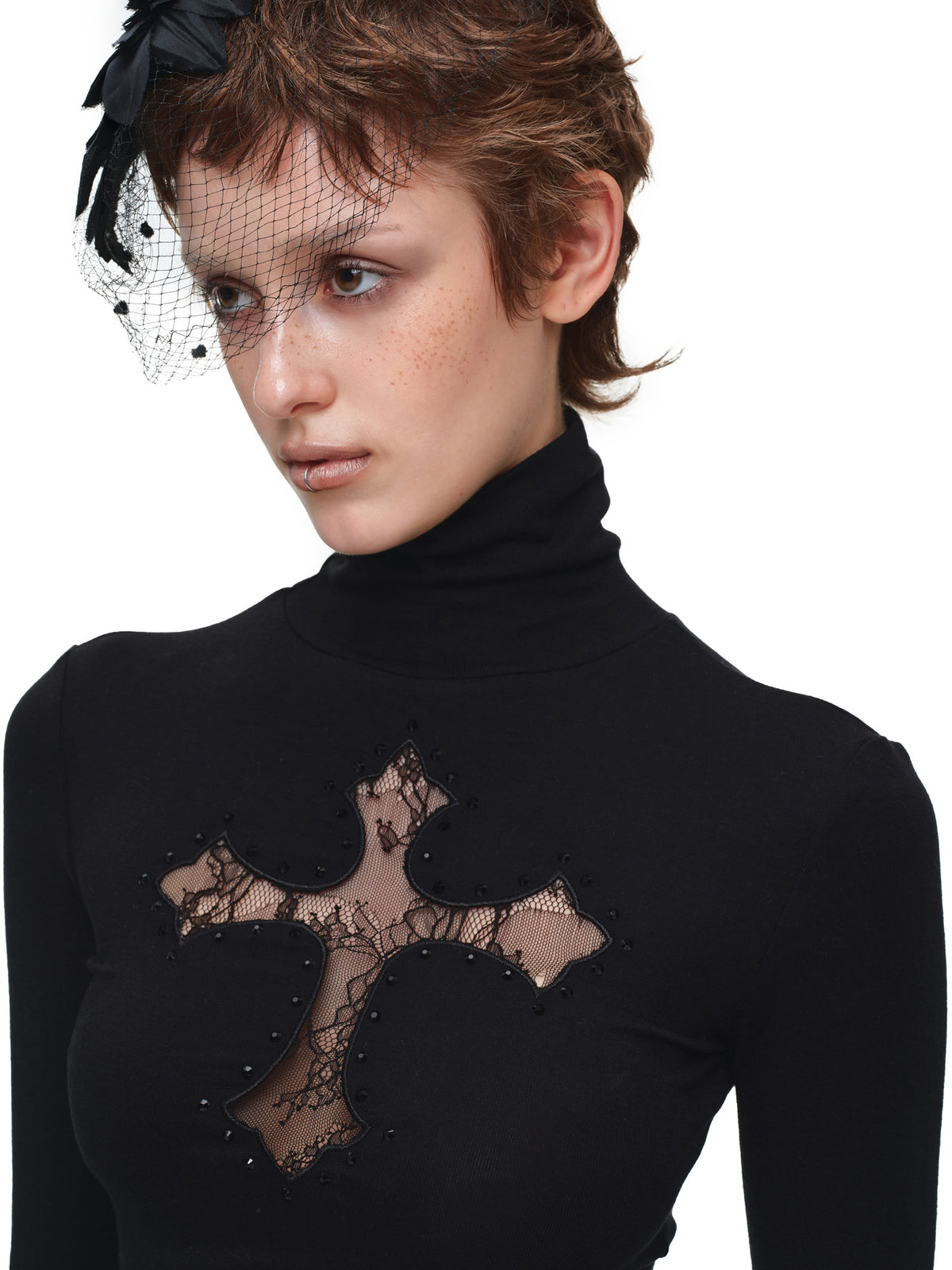 1Jinn Studio Rhinestone Cross Fitted Turtleneck Top | Canton Collective