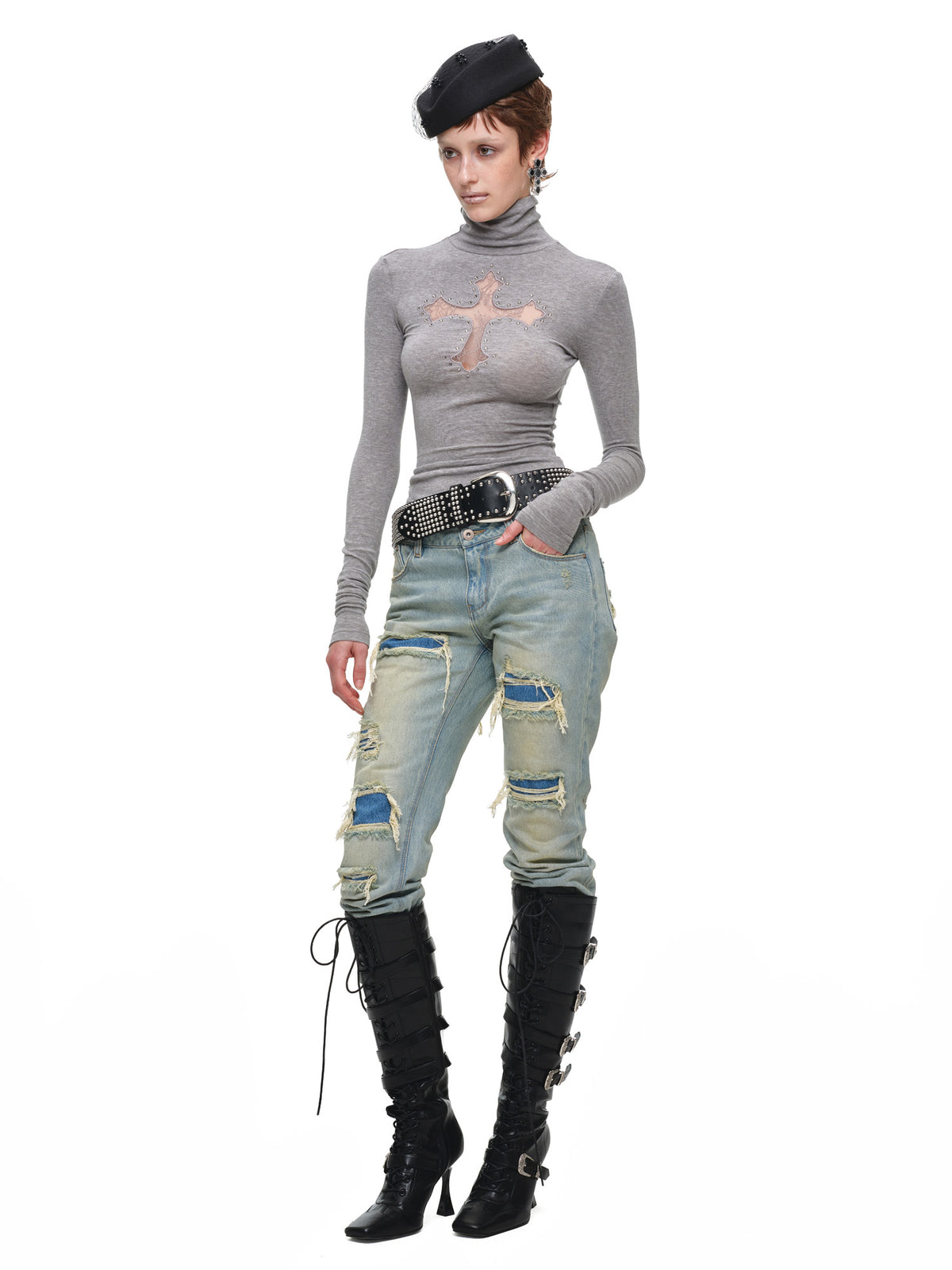 1Jinn Studio Rhinestone Cross Fitted Turtleneck Top | Canton Collective
