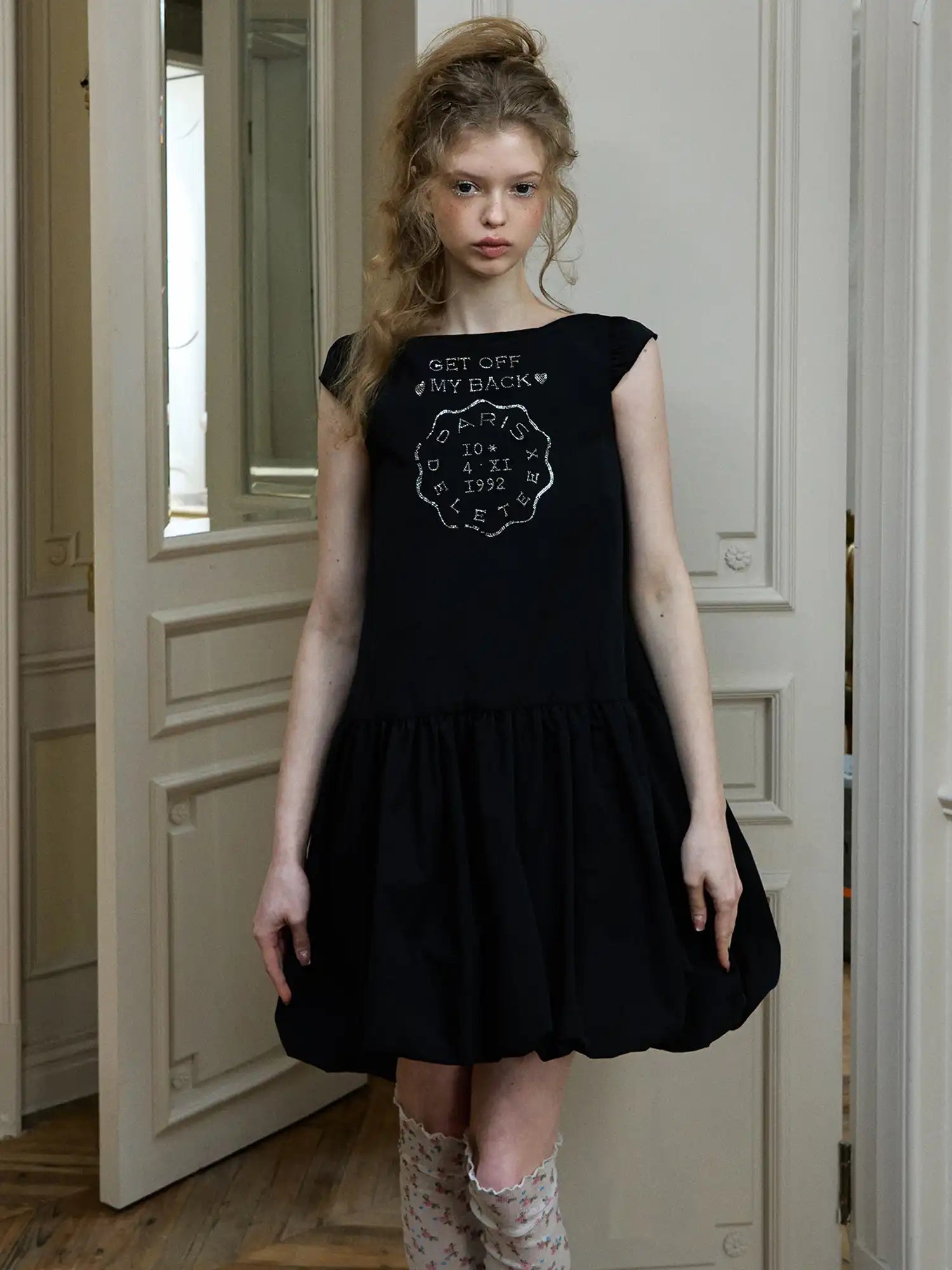 Deleteex Rhinestone Emblem Bubble Hem Cap Sleeves Mini Dress | Canton Collective