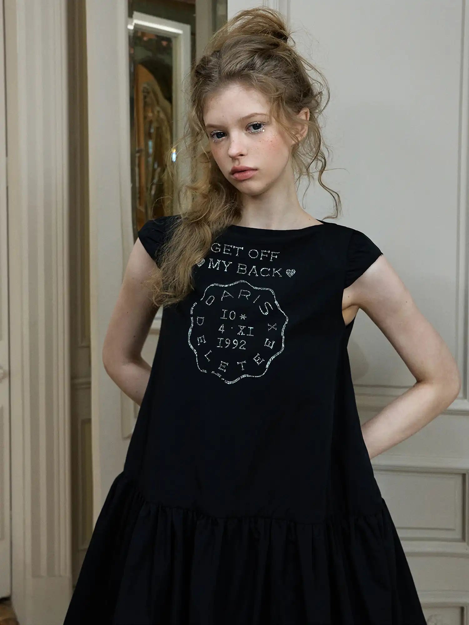 Deleteex Rhinestone Emblem Bubble Hem Cap Sleeves Mini Dress | Canton Collective