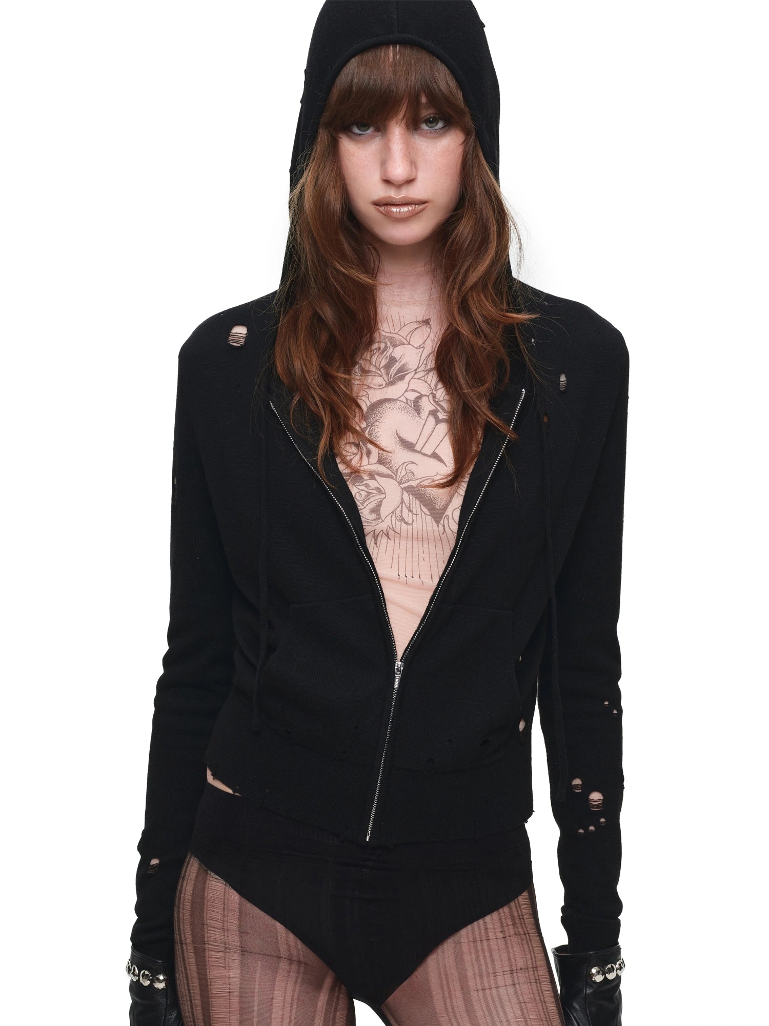 1Jinn Studio Ripped Knit Cropped Zip-Up Hoodie | Canton Collective