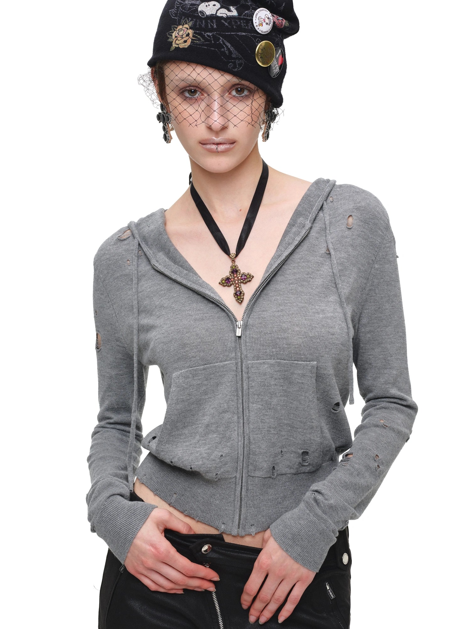 1Jinn Studio Ripped Knit Cropped Zip-Up Hoodie | Canton Collective
