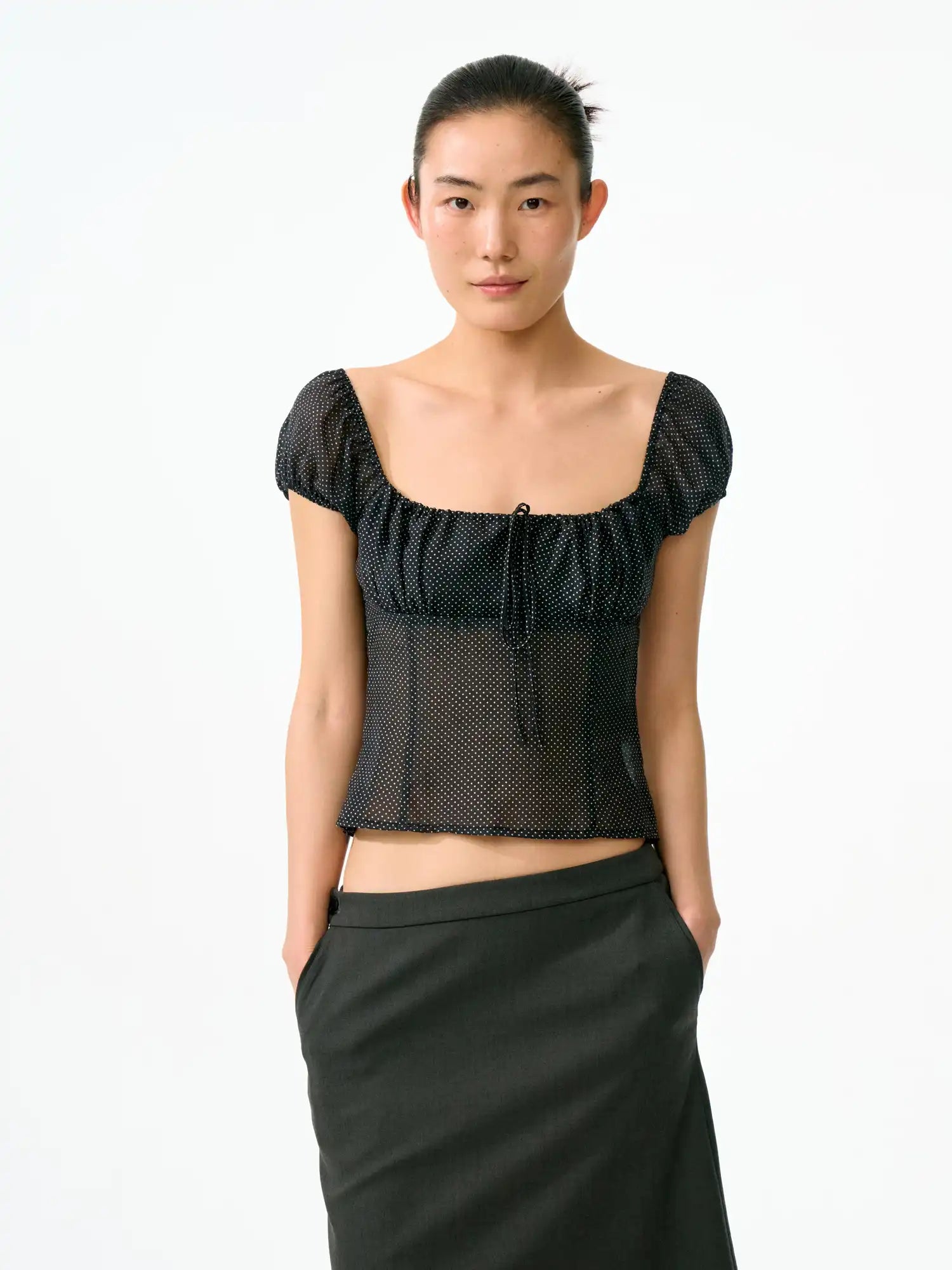 FirstFloor Ruched Bustier-Style Polka Dot Cropped Blouse | Canton Collective