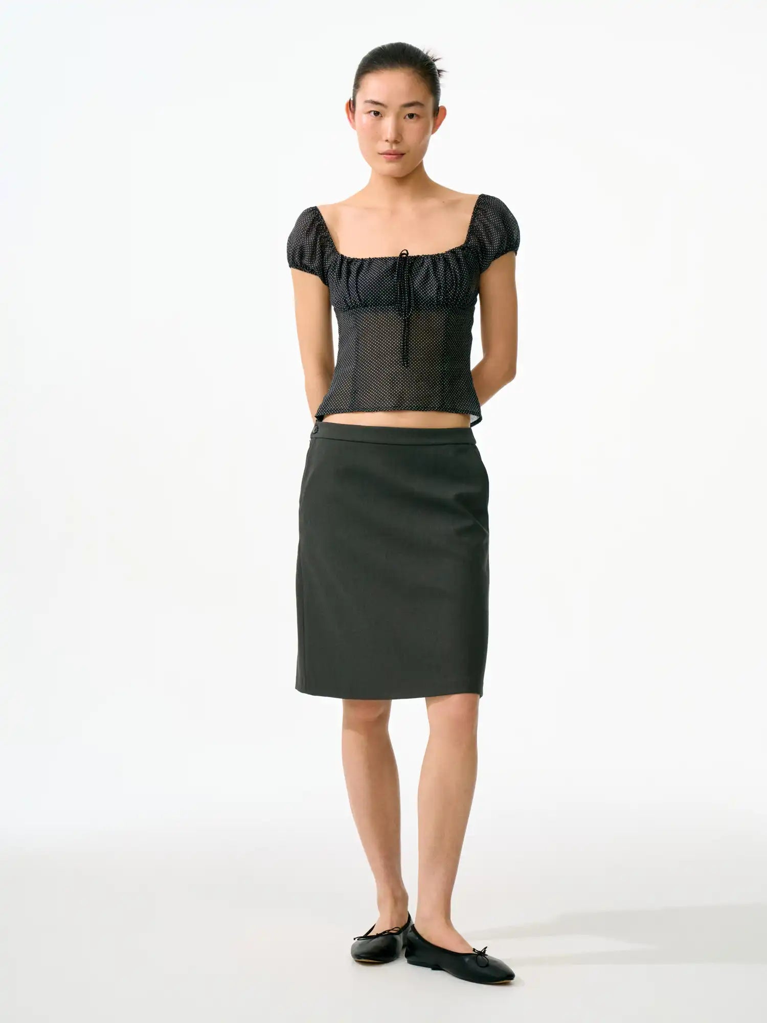 FirstFloor Ruched Bustier-Style Polka Dot Cropped Blouse | Canton Collective