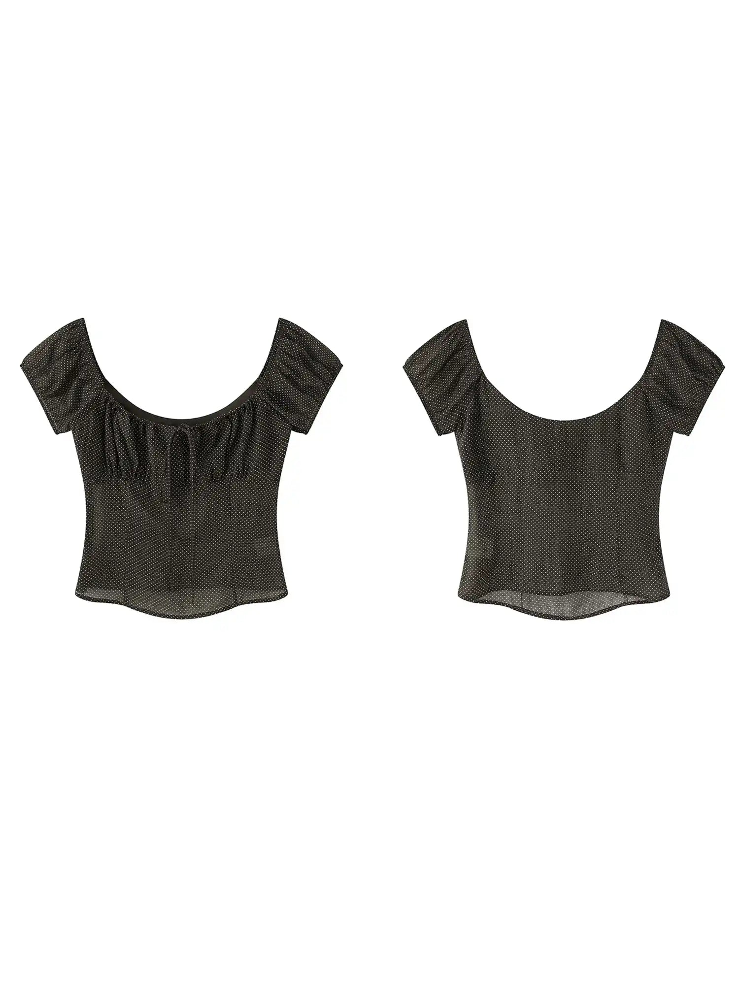 FirstFloor Ruched Bustier-Style Polka Dot Cropped Blouse | Canton Collective