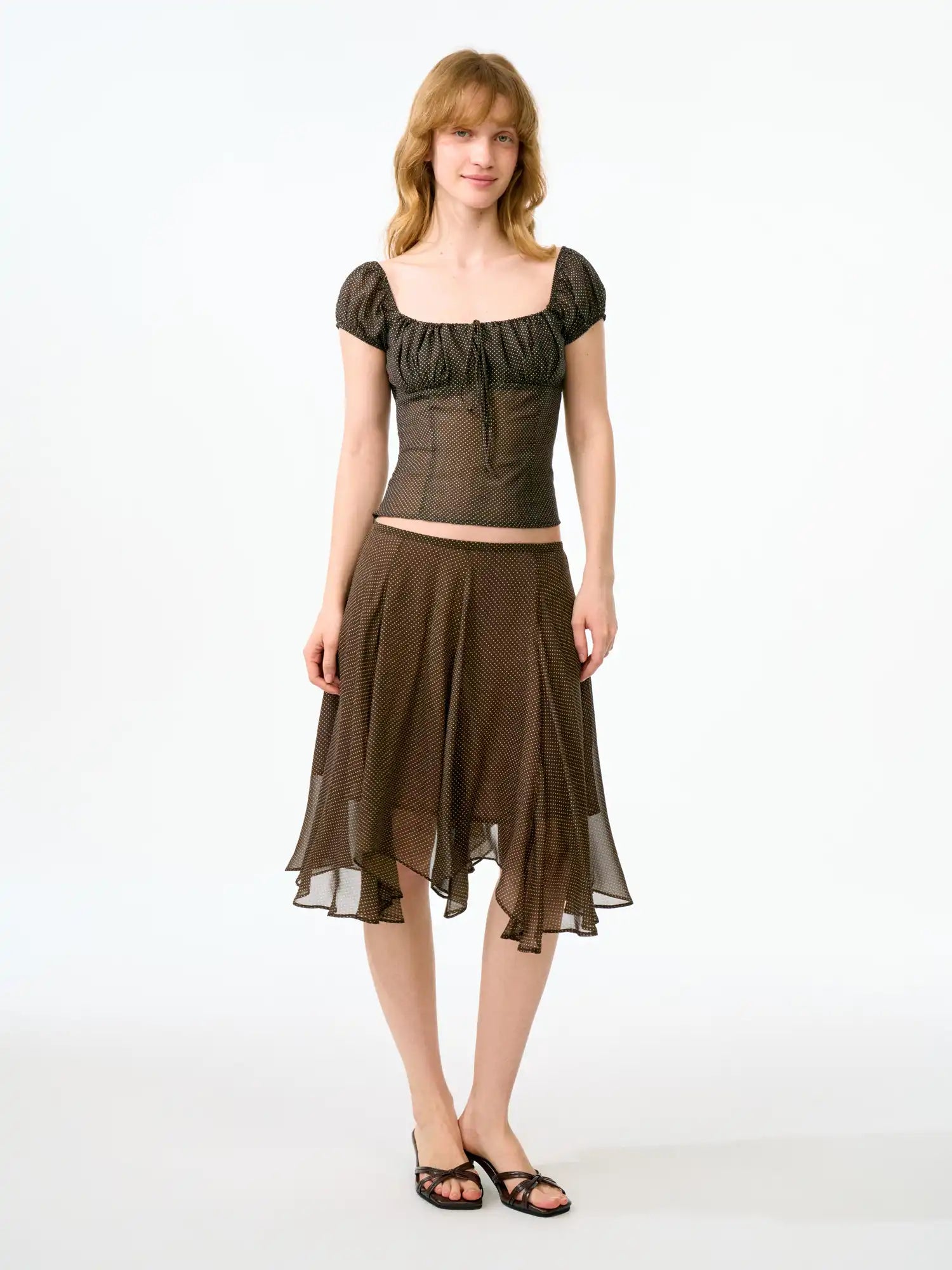 FirstFloor Ruched Bustier-Style Polka Dot Cropped Blouse | Canton Collective