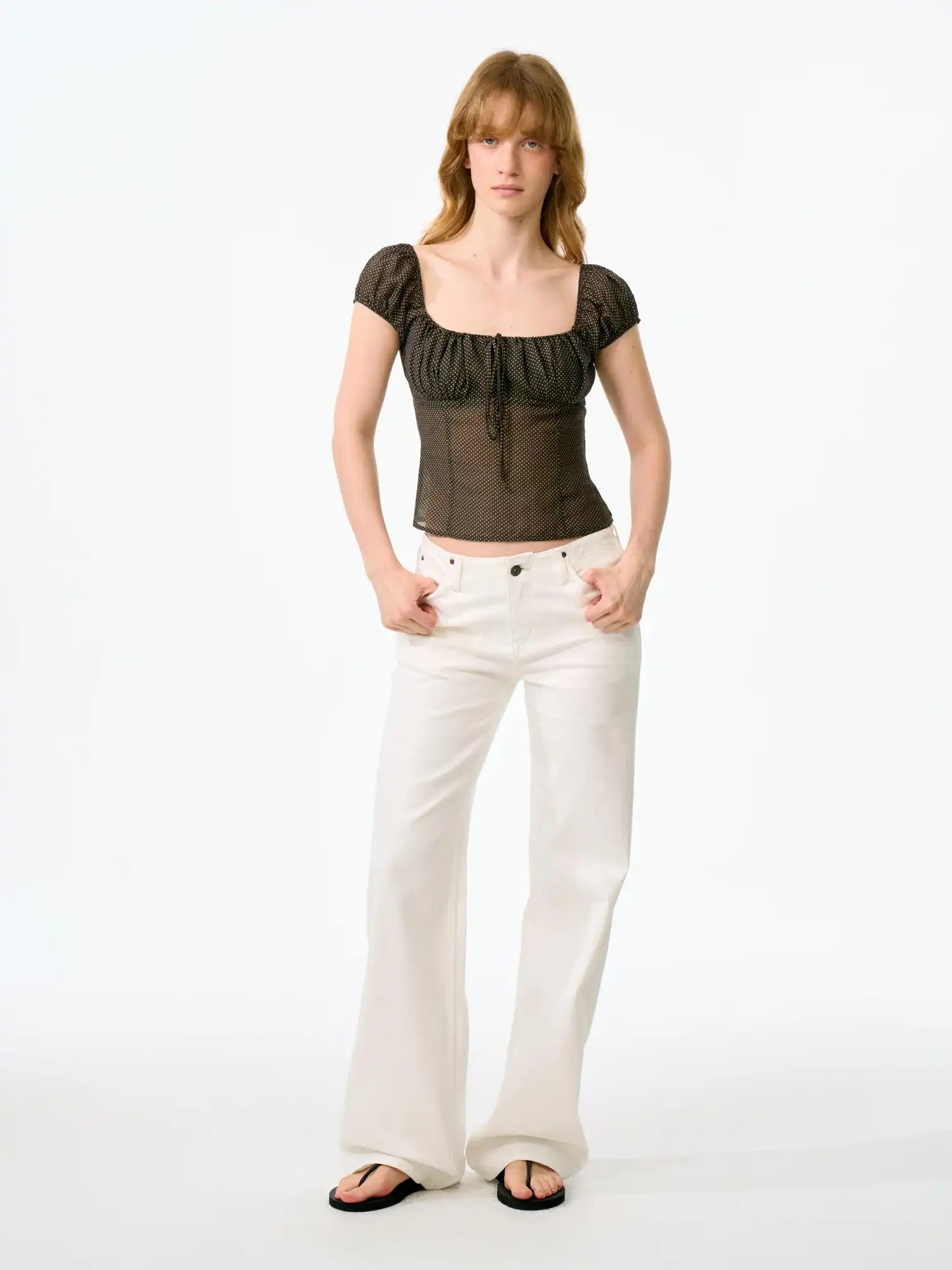 FirstFloor Ruched Bustier-Style Polka Dot Cropped Blouse | Canton Collective