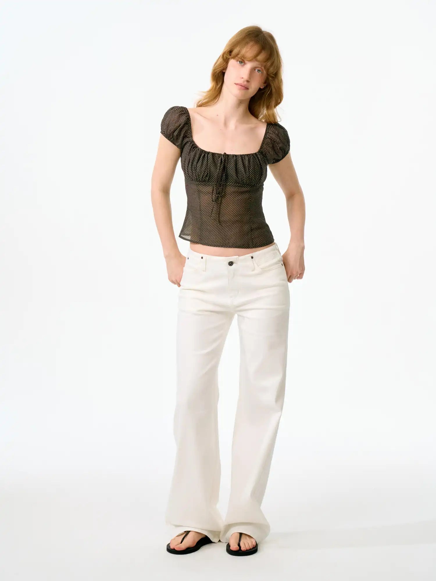 FirstFloor Ruched Bustier-Style Polka Dot Cropped Blouse | Canton Collective