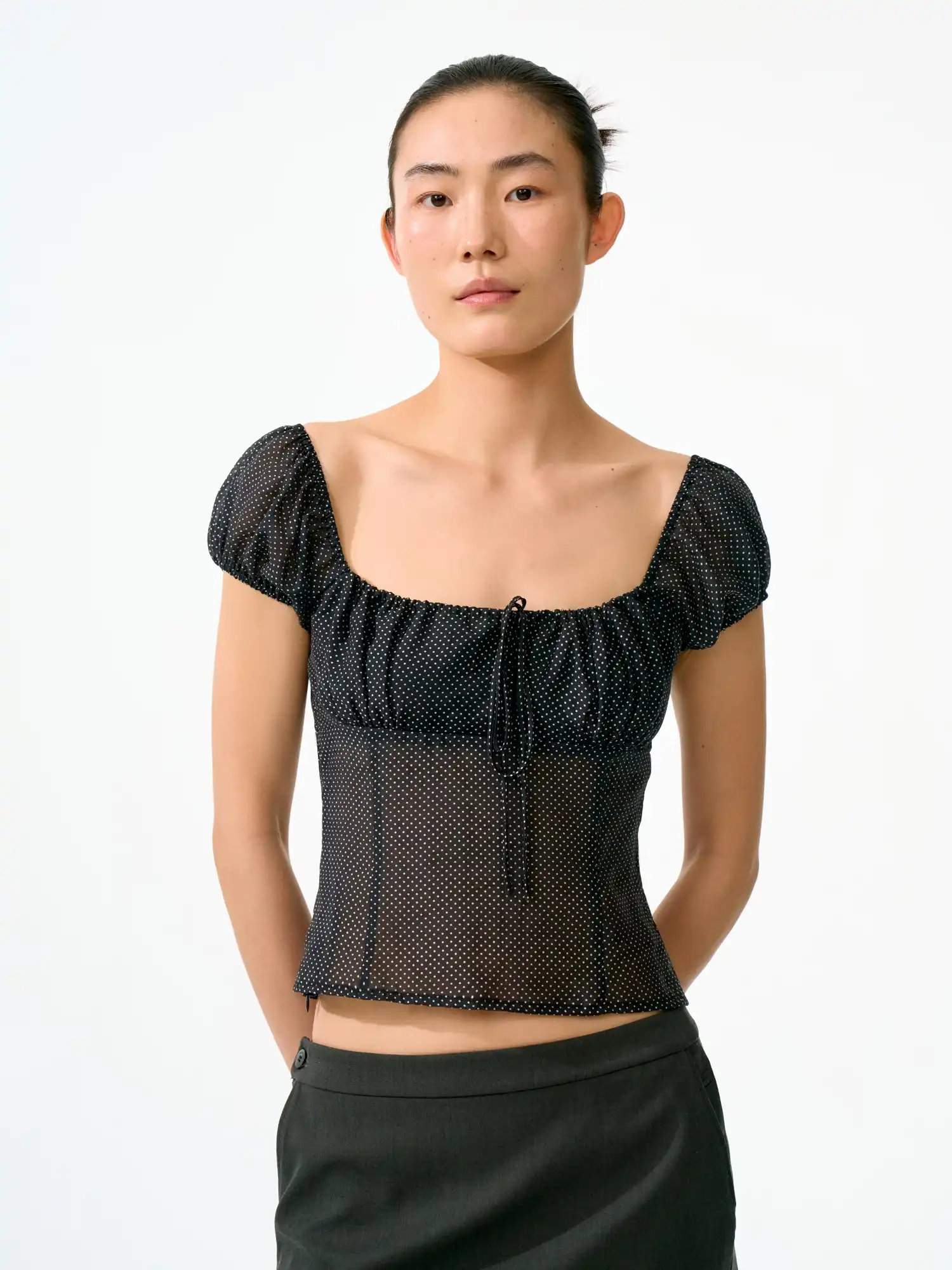 FirstFloor Ruched Bustier-Style Polka Dot Cropped Blouse | Canton Collective