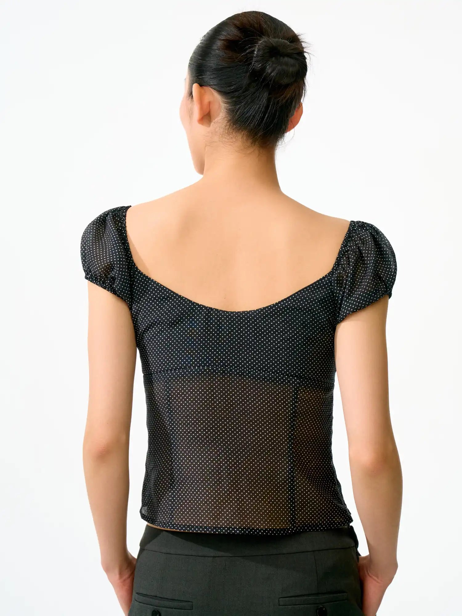 FirstFloor Ruched Bustier-Style Polka Dot Cropped Blouse | Canton Collective