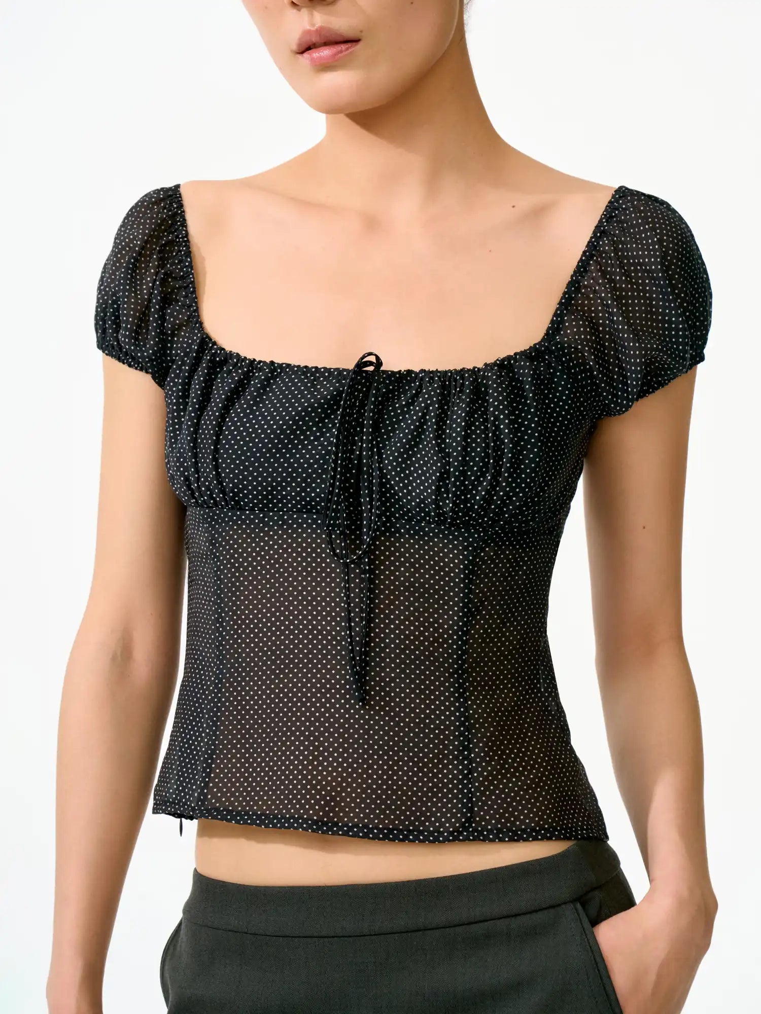 FirstFloor Ruched Bustier-Style Polka Dot Cropped Blouse | Canton Collective