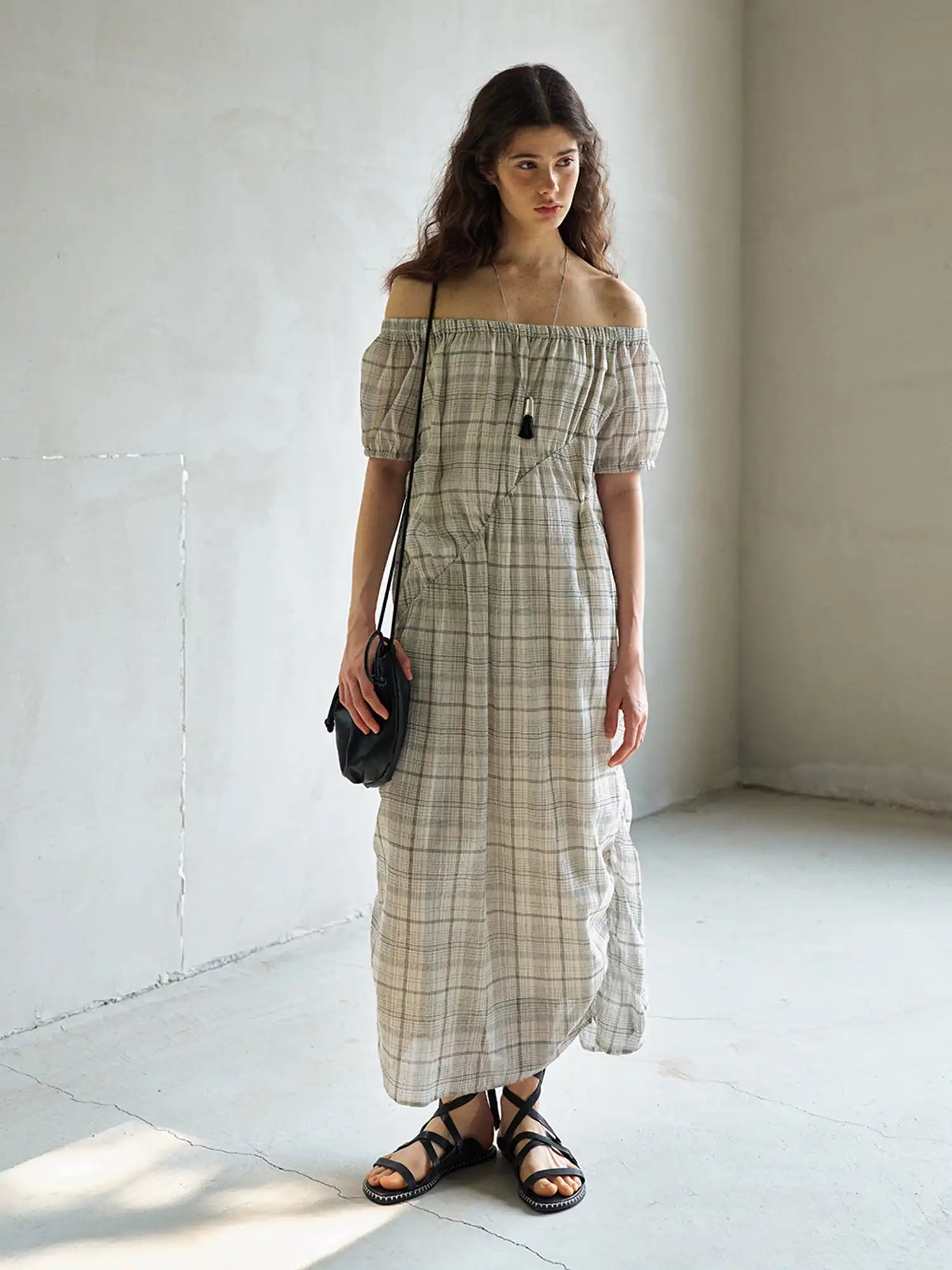 CantonCollective Design Ruched Off-Shoulder Cotton Plaid Maxi Dress | Canton Collective