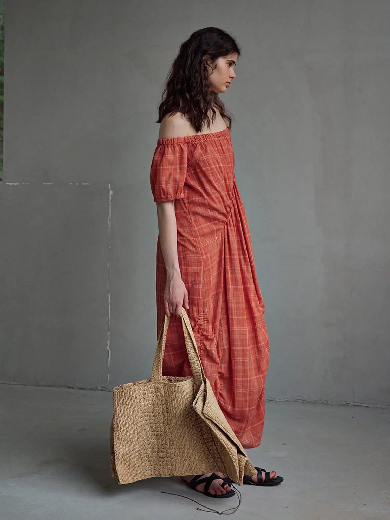 CantonCollective Design Ruched Off-Shoulder Cotton Plaid Maxi Dress | Canton Collective