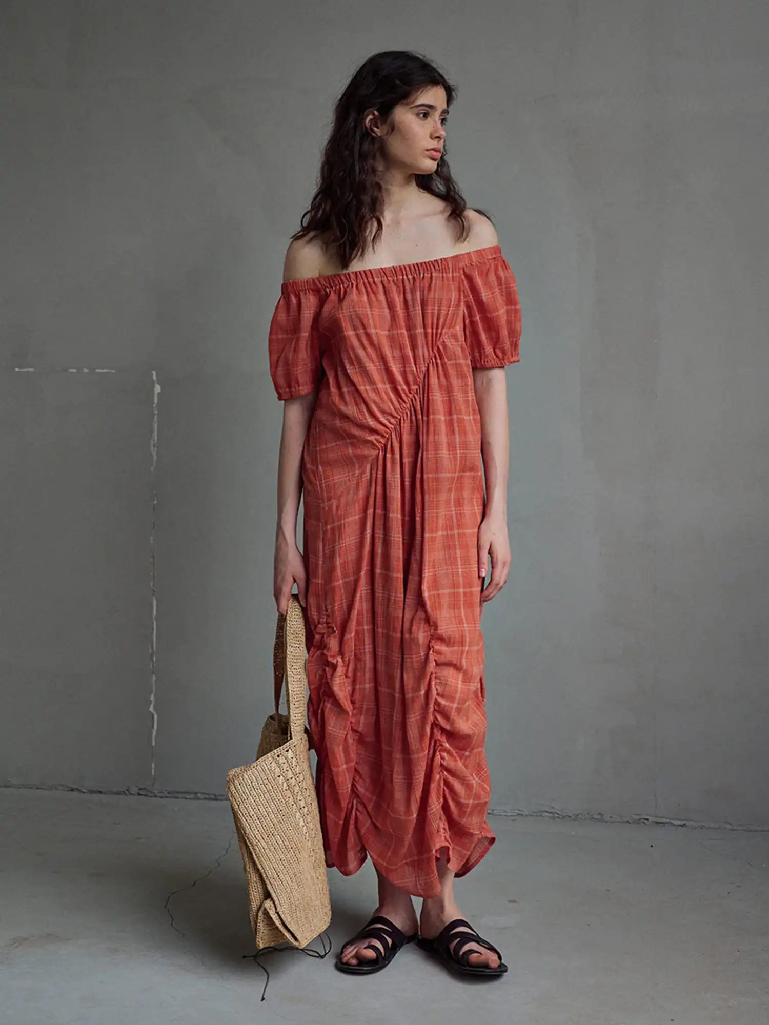 CantonCollective Design Ruched Off-Shoulder Cotton Plaid Maxi Dress | Canton Collective