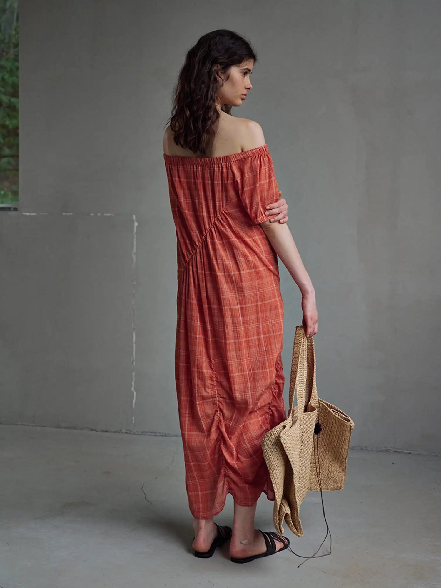 CantonCollective Design Ruched Off-Shoulder Cotton Plaid Maxi Dress | Canton Collective