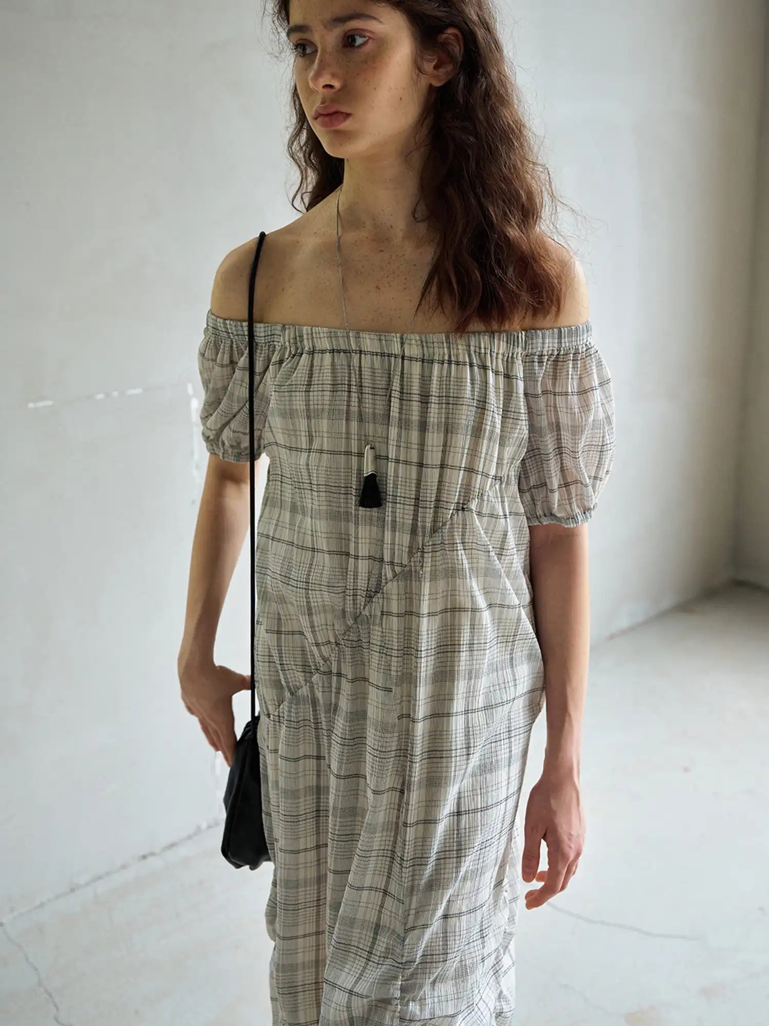 CantonCollective Design Ruched Off-Shoulder Cotton Plaid Maxi Dress | Canton Collective