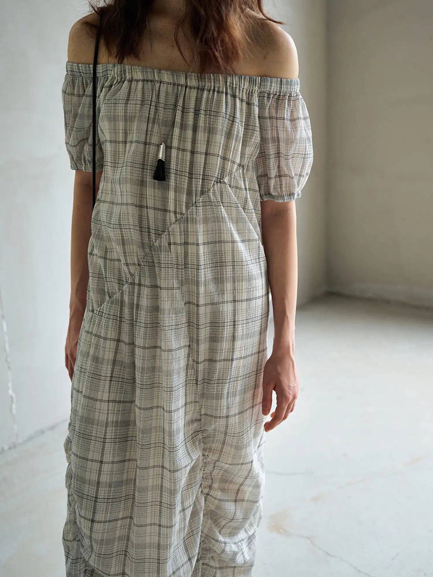CantonCollective Design Ruched Off-Shoulder Cotton Plaid Maxi Dress | Canton Collective