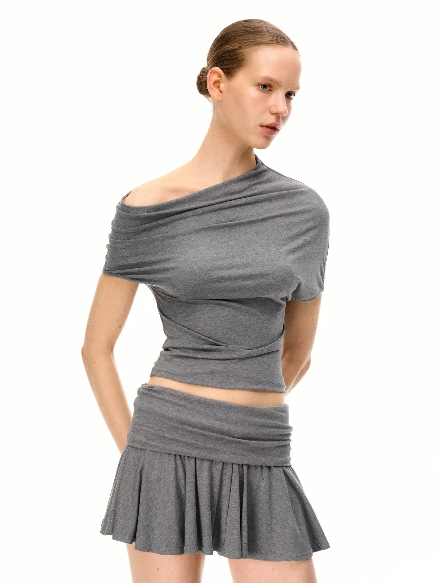 FIRST FLOOR Ruched Pleated Ballet Pilates Mini Knit Skirt With Folded Waist | Canton Collective