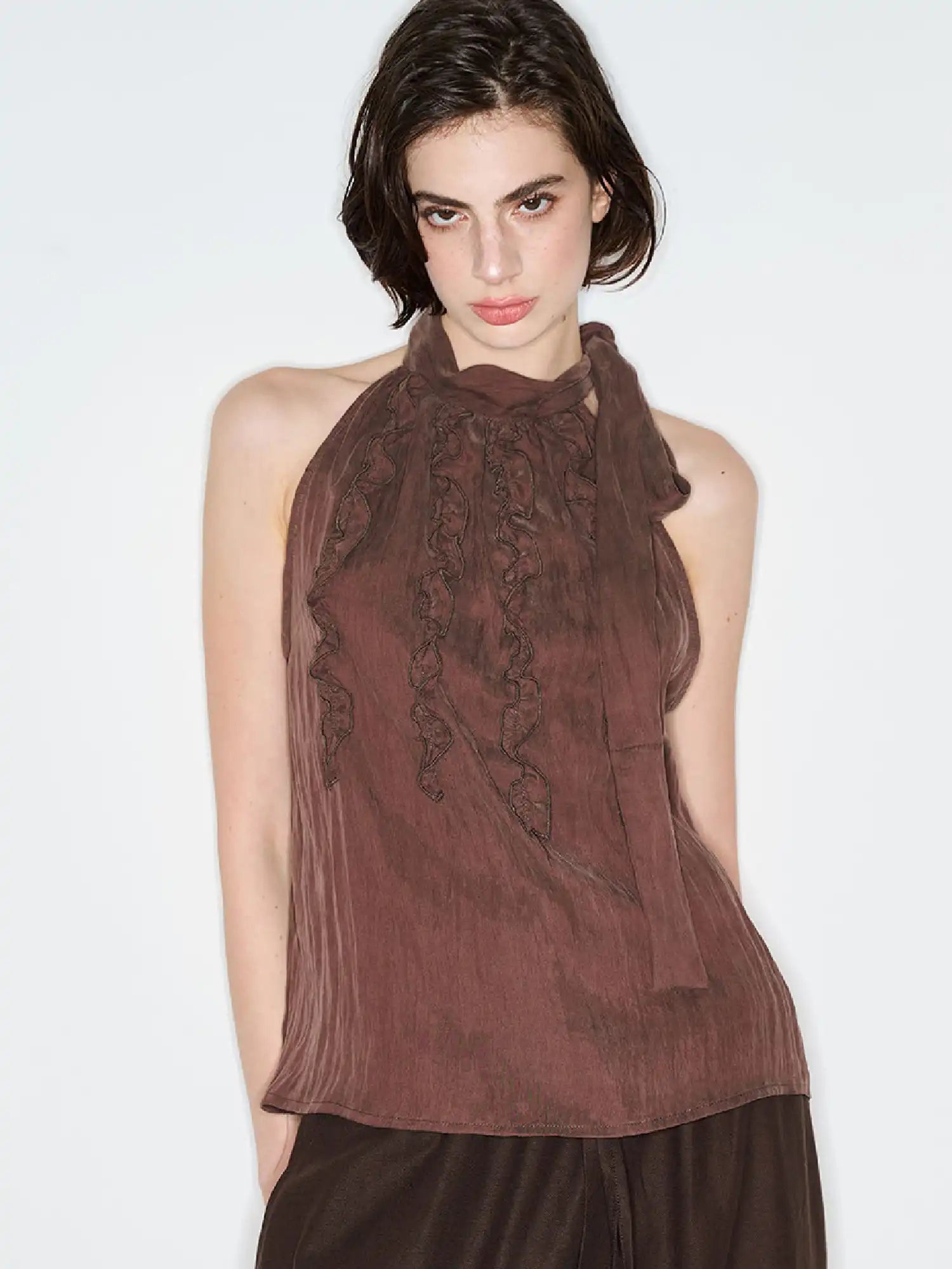 Muse Naps Ruffle-Front Tie High Neck Halter Top | Canton Collective