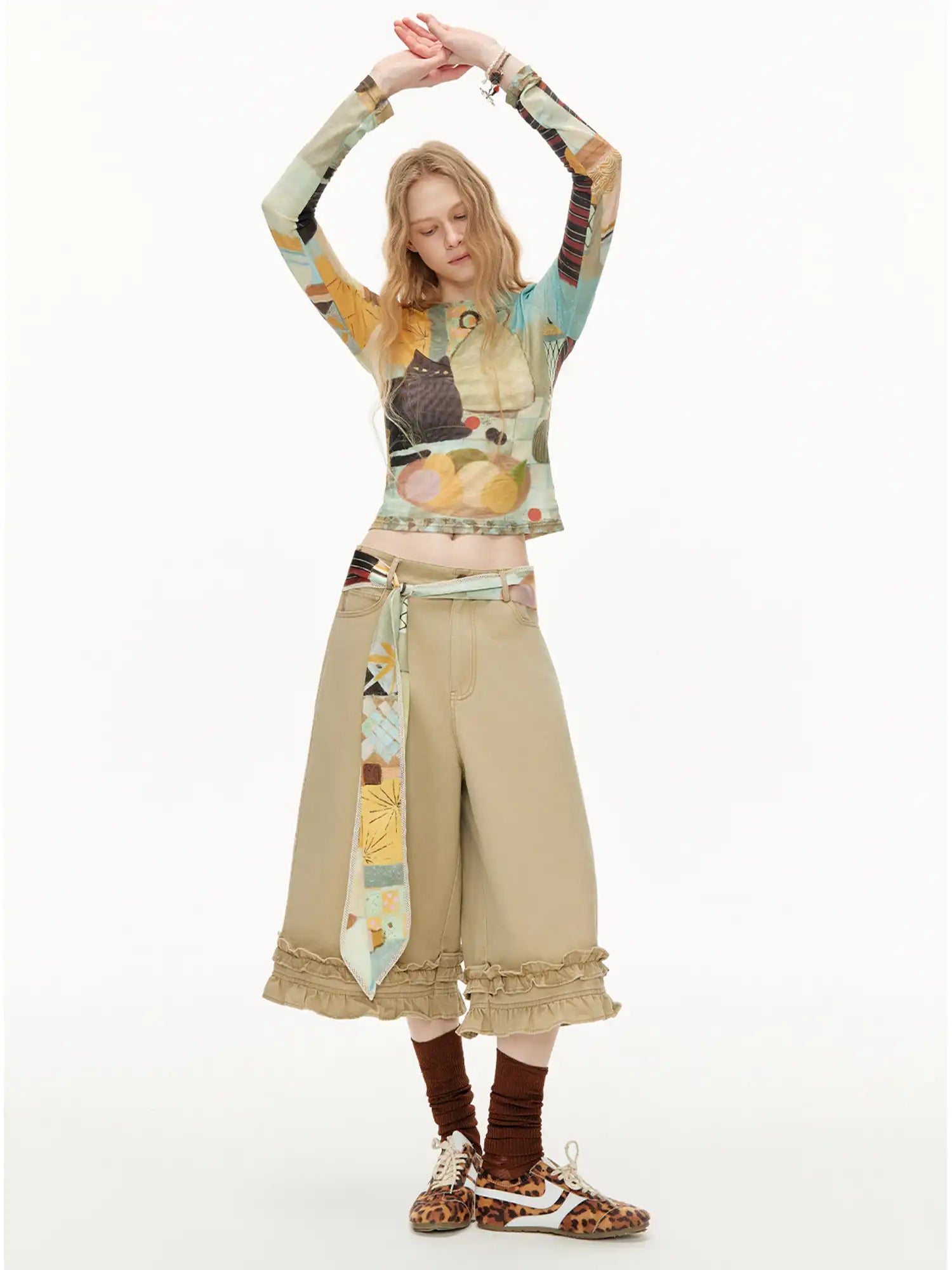 Outtheblue Ruffle Hem Khaki Wide-Leg Cropped Pants | Canton Collective