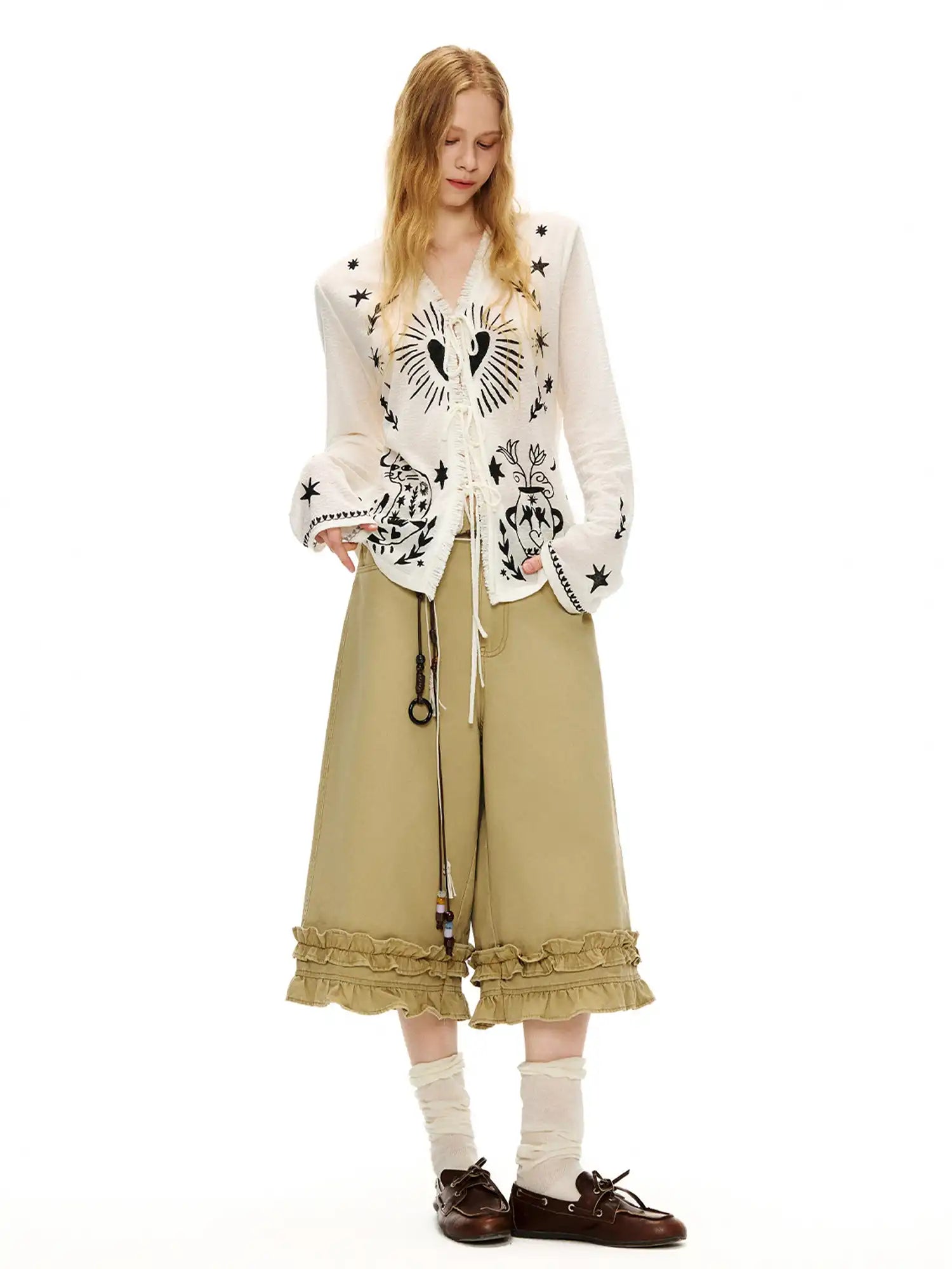 Outtheblue Ruffle Hem Khaki Wide-Leg Cropped Pants | Canton Collective