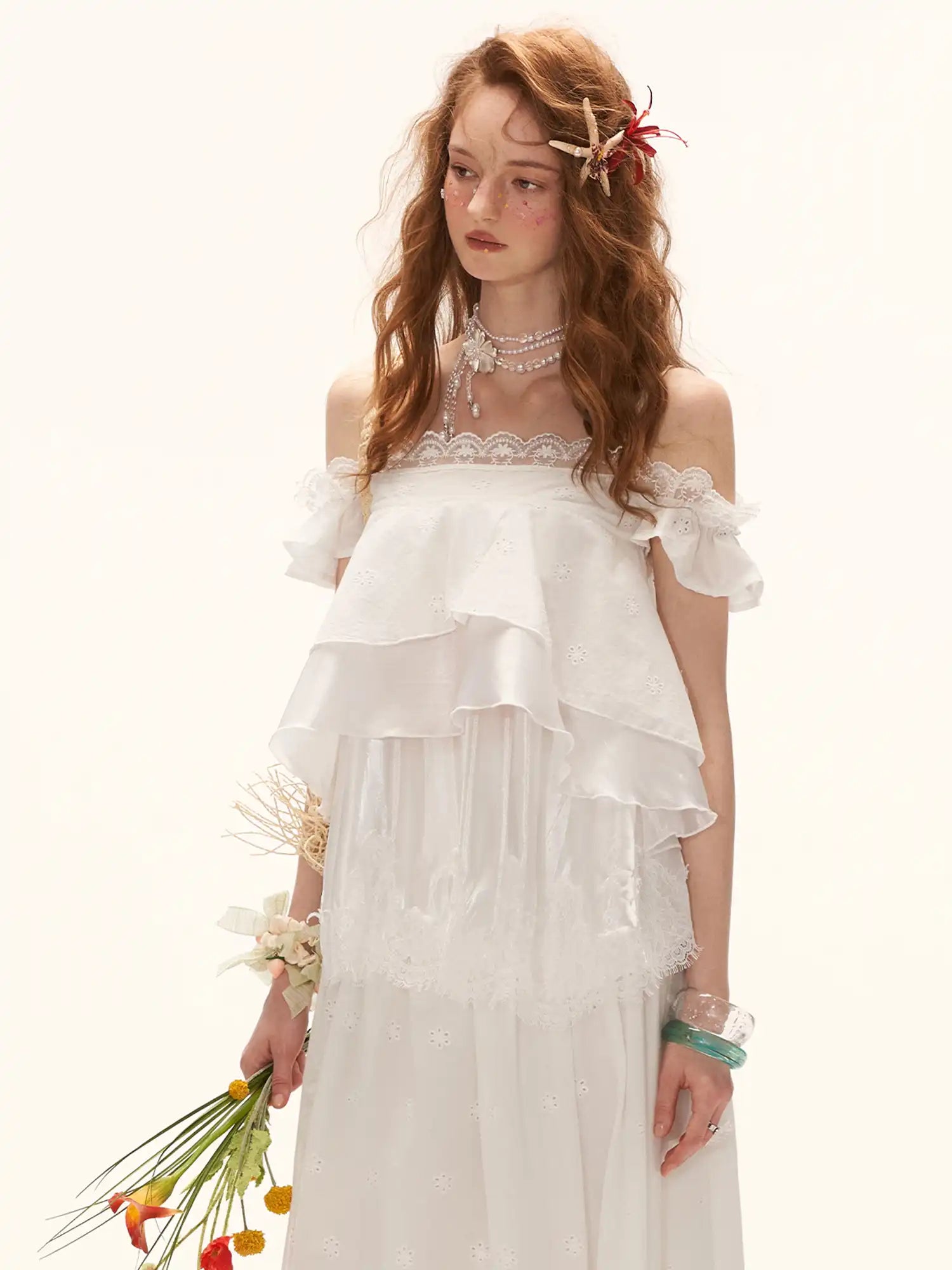 MAMC Ruffle Hem Eyelet Lace Tiered Top | Canton Collective