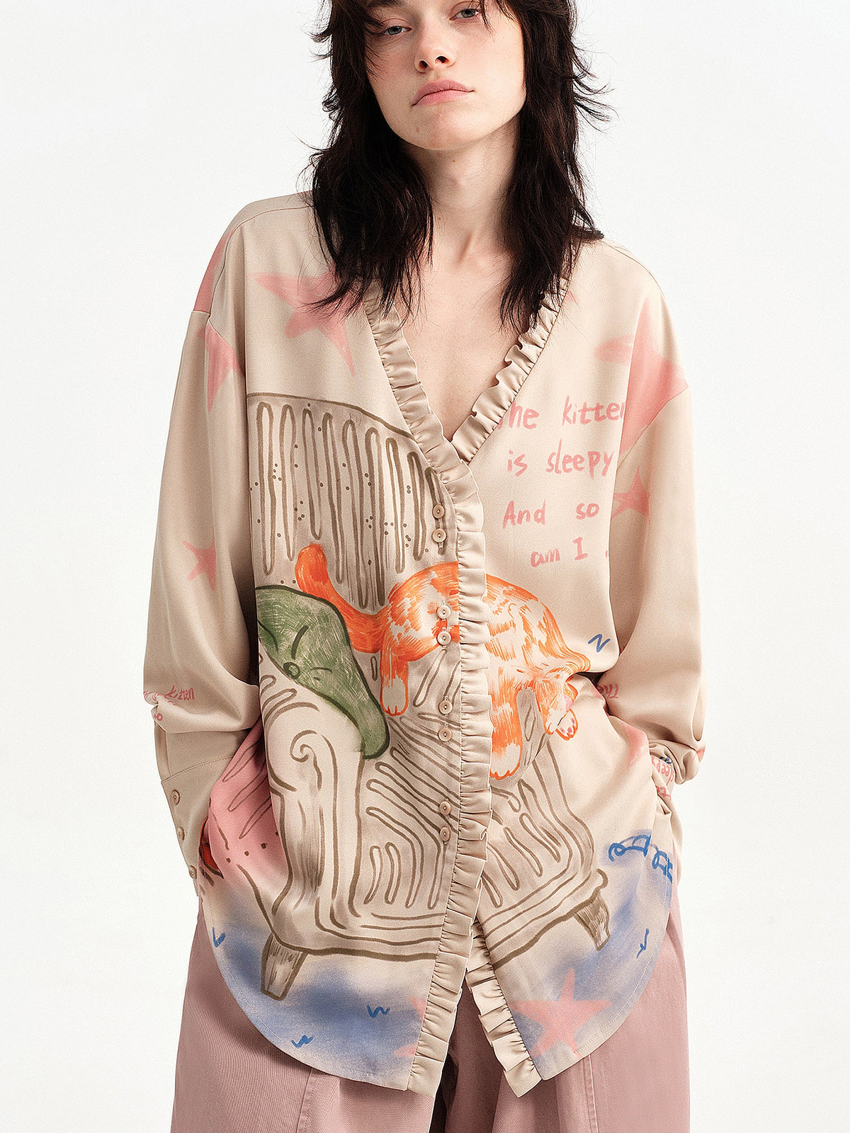 Outtheblue Ruffle Placket Drape Oversized Blouse | Canton Collective