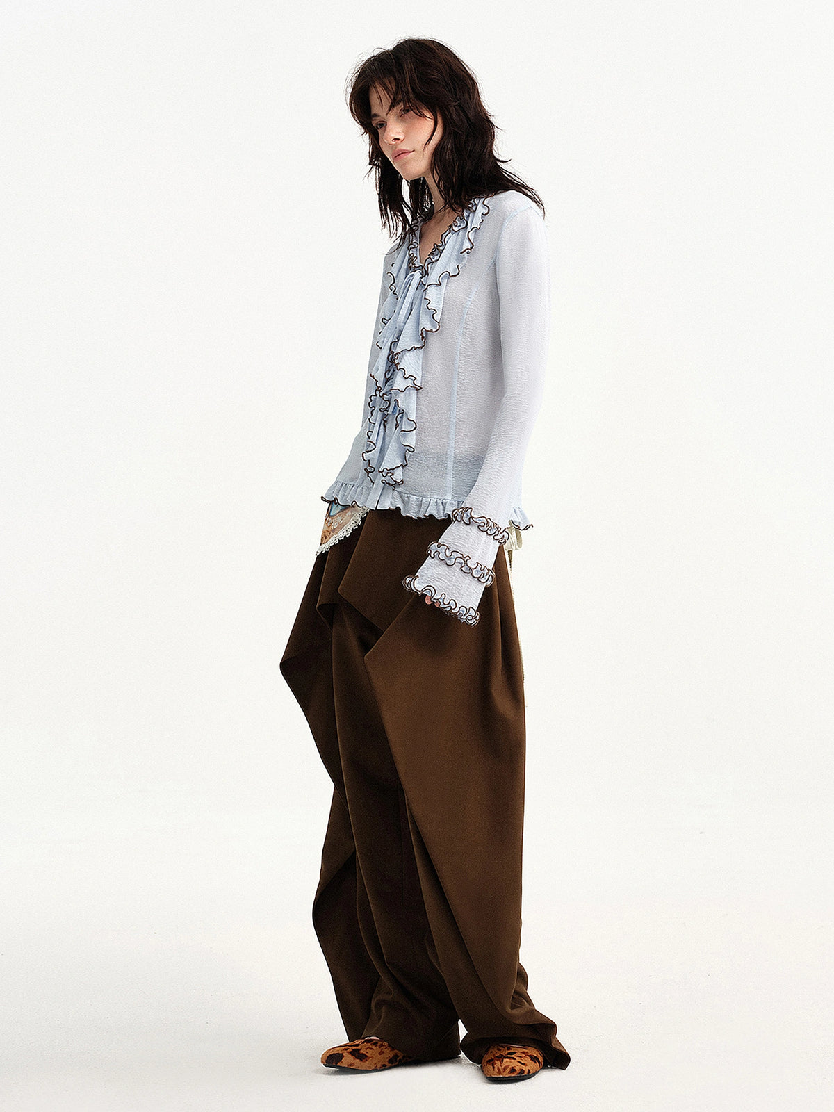 Outtheblue Ruffle Trim Bell Sleeve Sheer Cardigan | Canton Collective