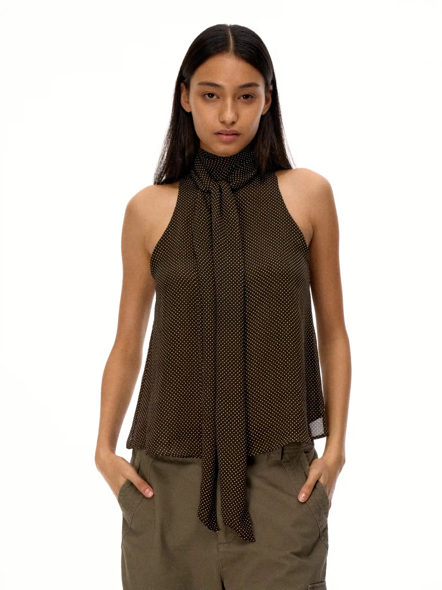 FirstFloor Scarf-Collar Design Polka Sheer Mesh Sleeveless Top | Canton Collective