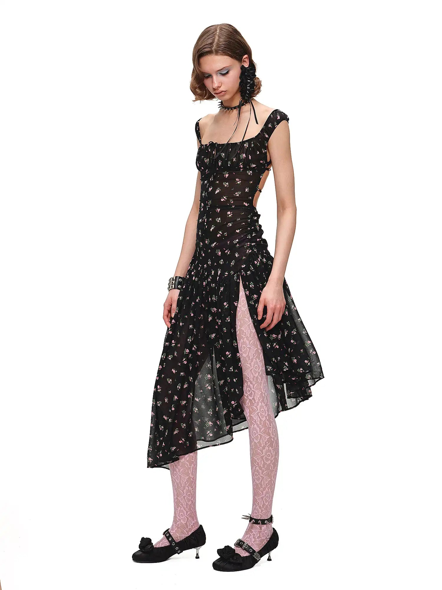 1Jinn Studio Semi-Sheer Open Back Black Floral Midi Dress | Canton Collective