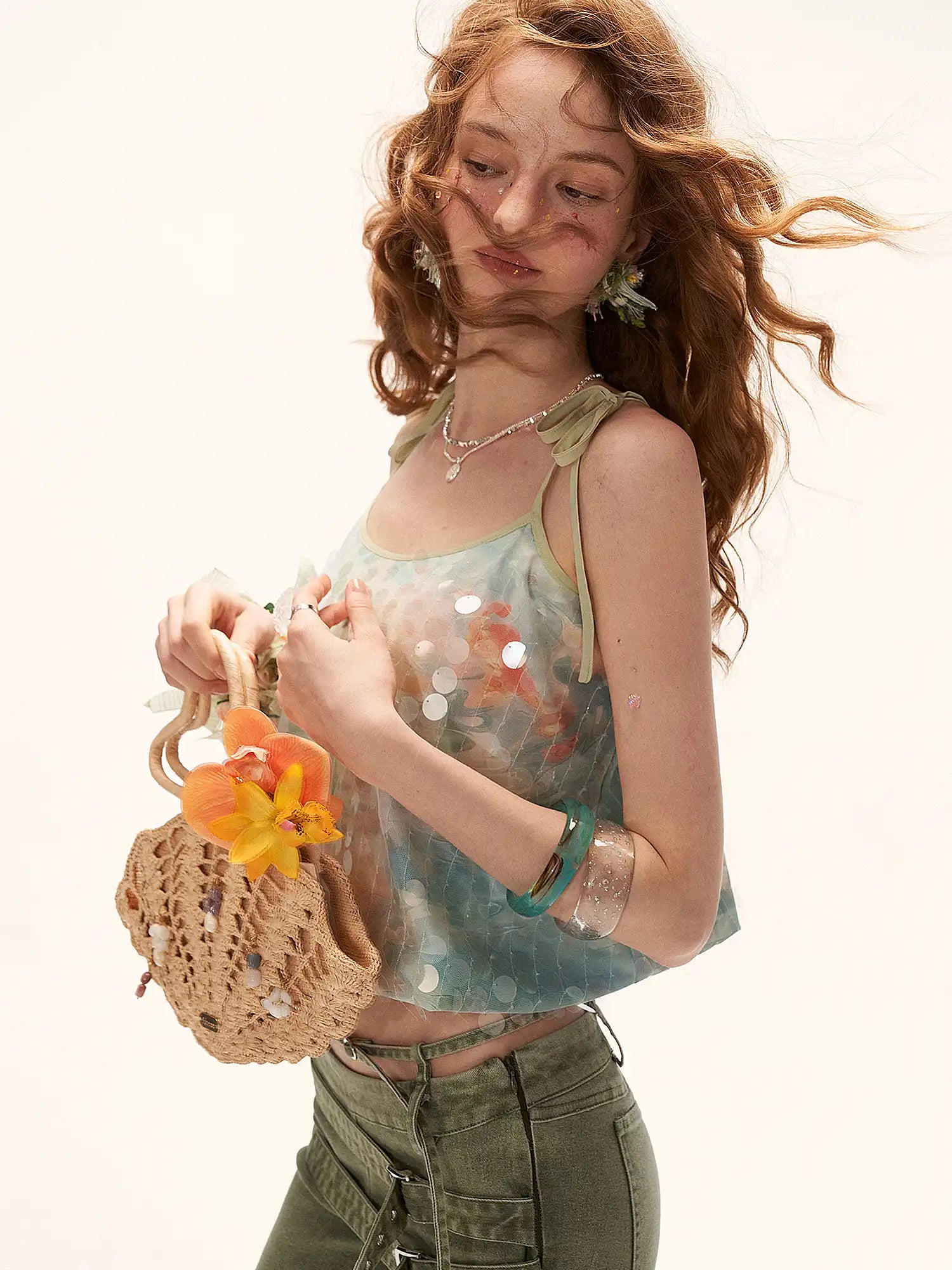 MAMC Sequin Mesh Overlay Tie Strap Camisole Top | Canton Collective