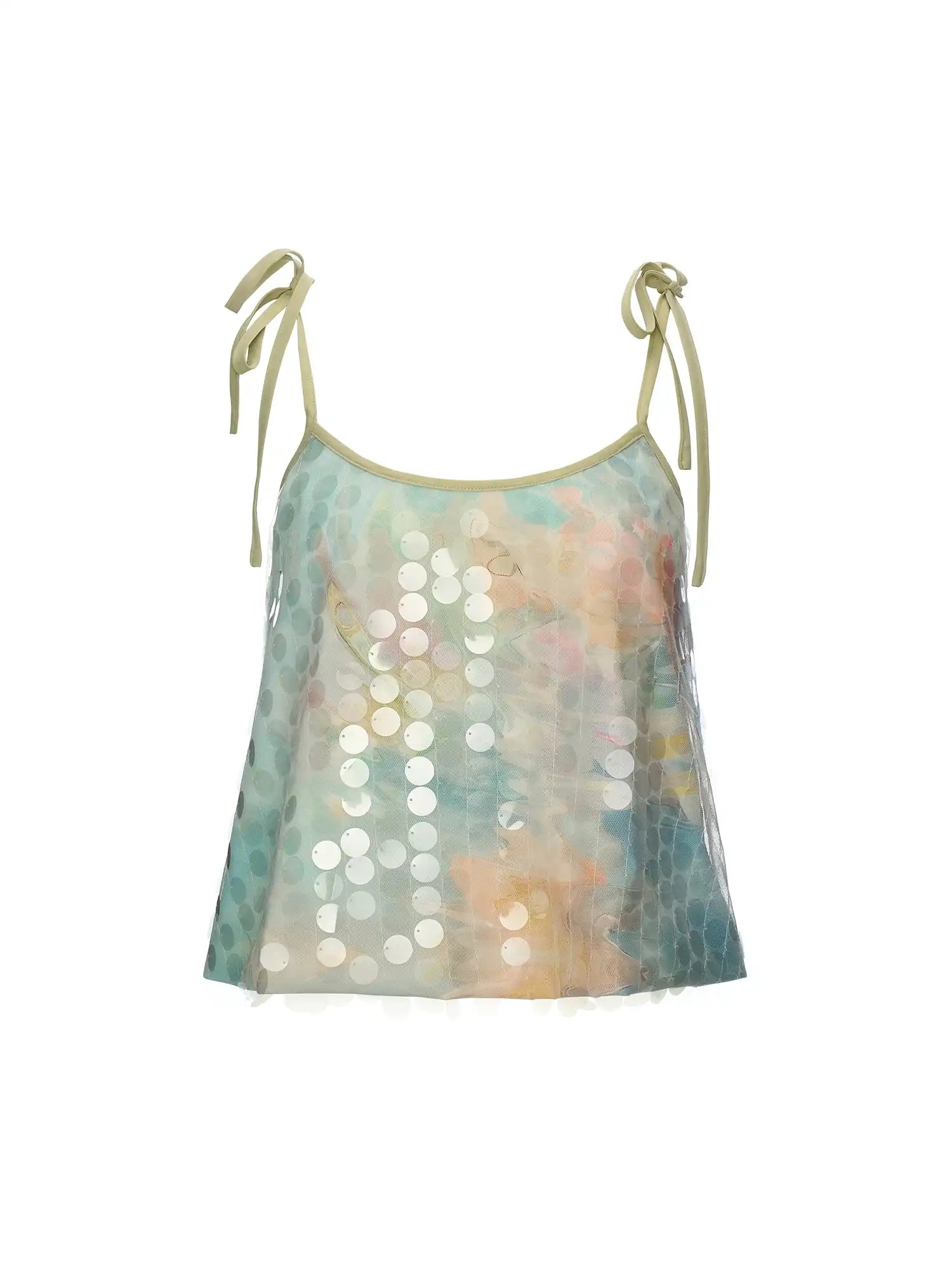 MAMC Sequin Mesh Overlay Tie Strap Camisole Top | Canton Collective