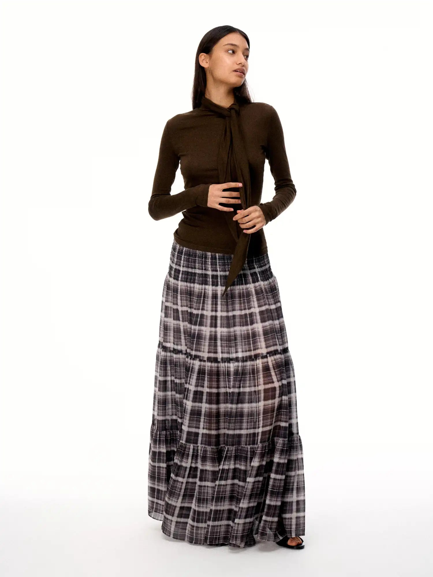 FirstFloor Sheer Mesh Tulle Pleated Maxi Skirt With Polka Dot Plaid | Canton Collective