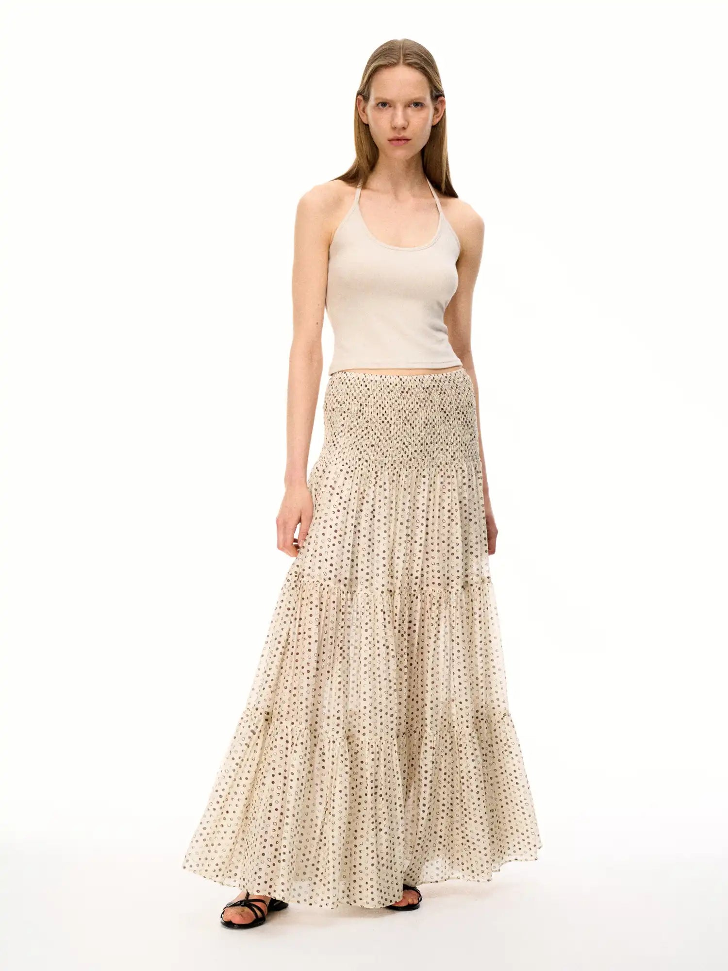 FirstFloor Sheer Mesh Tulle Pleated Maxi Skirt With Polka Dot Plaid | Canton Collective