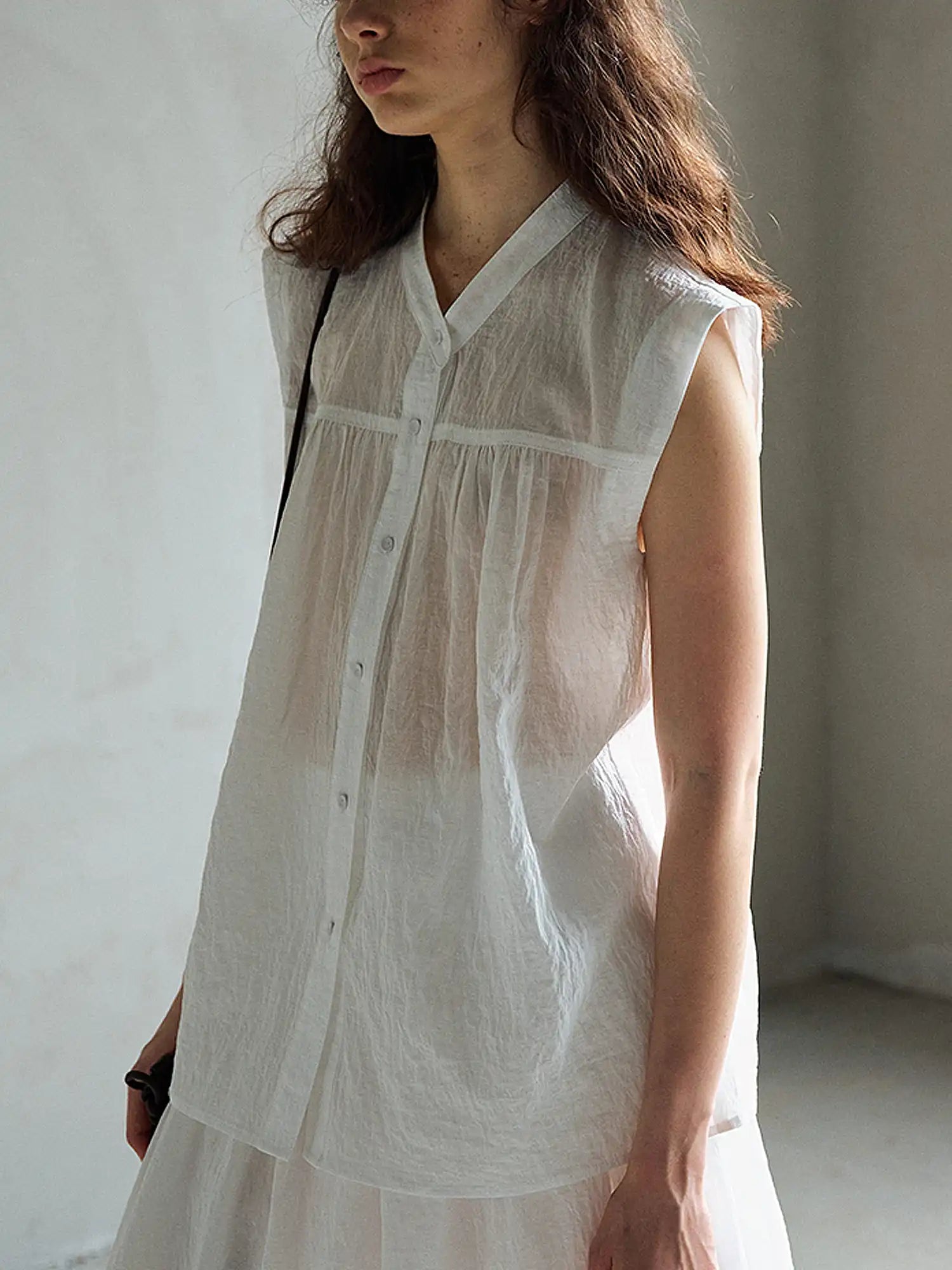 CantonCollective Design Sheer Sleeveless Button Down Shirt | Canton Collective