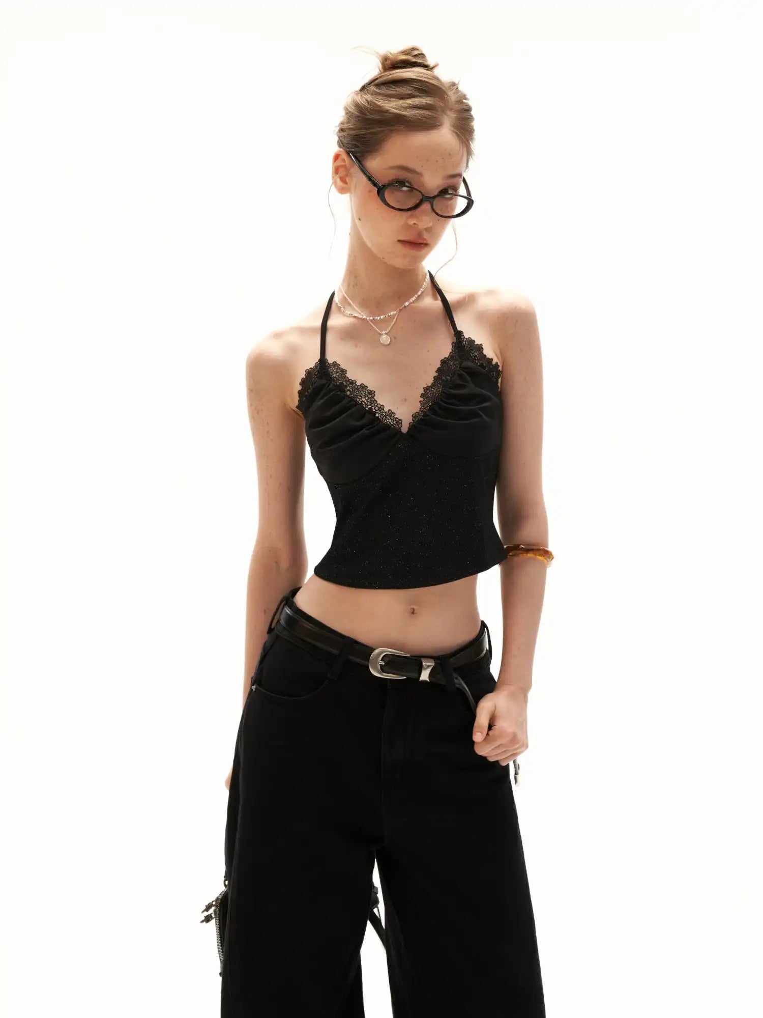 MAMC Shimmer Lace Trim Halter Crop Top | Canton Collective
