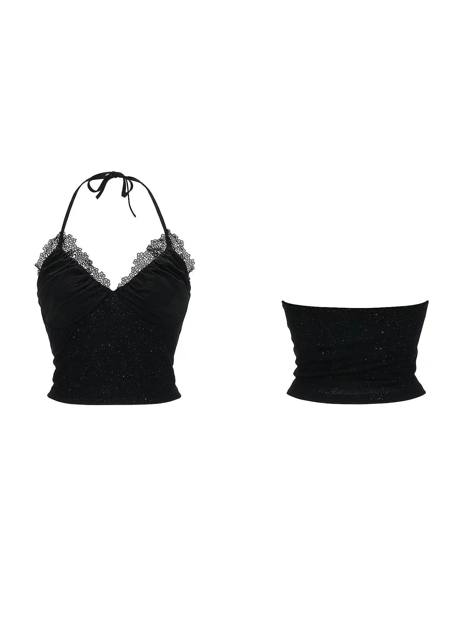 MAMC Shimmer Lace Trim Halter Crop Top | Canton Collective