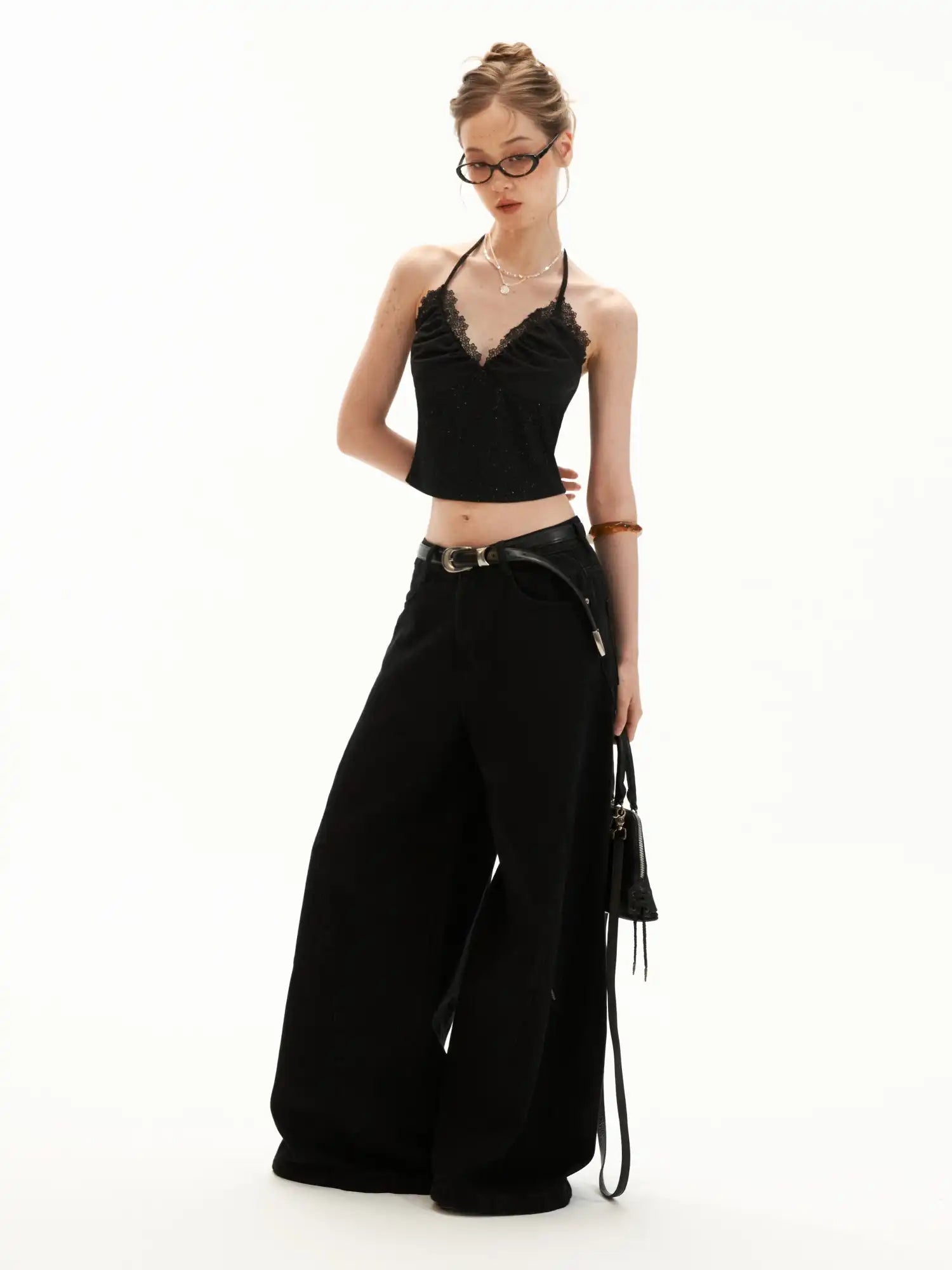 MAMC Shimmer Lace Trim Halter Crop Top | Canton Collective