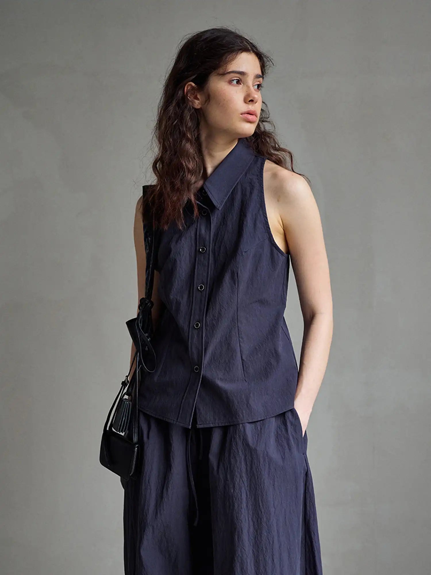 CantonCollective Design Sleeveless Button-Front Textured Cotton Top | Canton Collective
