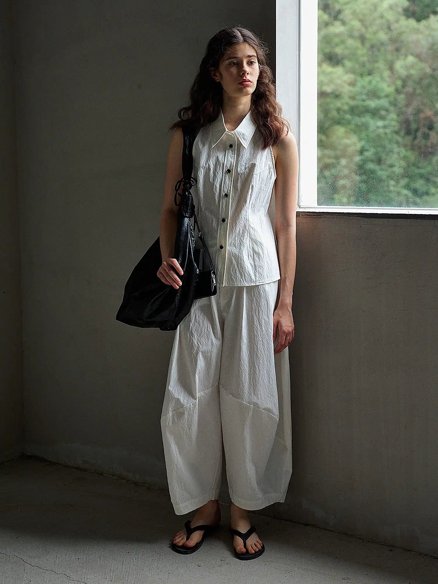 CantonCollective Design Sleeveless Button-Front Textured Cotton Top | Canton Collective