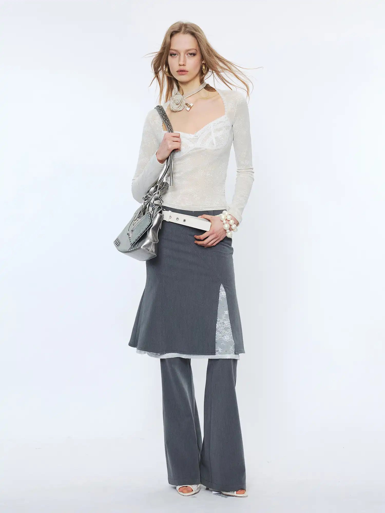 2th Desire Slim Fit Sweetheart Neck Layered Lace Mesh Long Sleeve Blouses | Canton Collective
