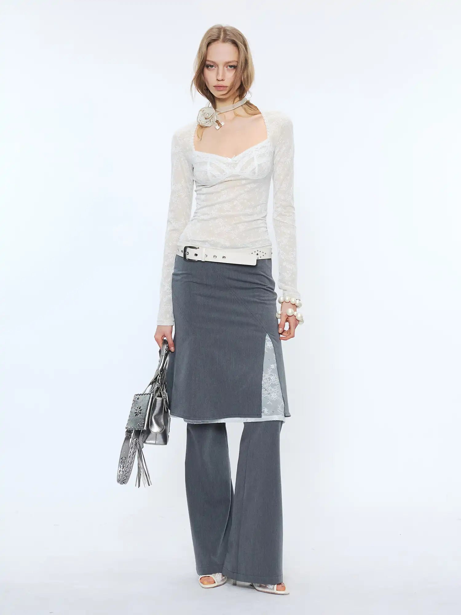 2th Desire Slim Fit Sweetheart Neck Layered Lace Mesh Long Sleeve Blouses | Canton Collective