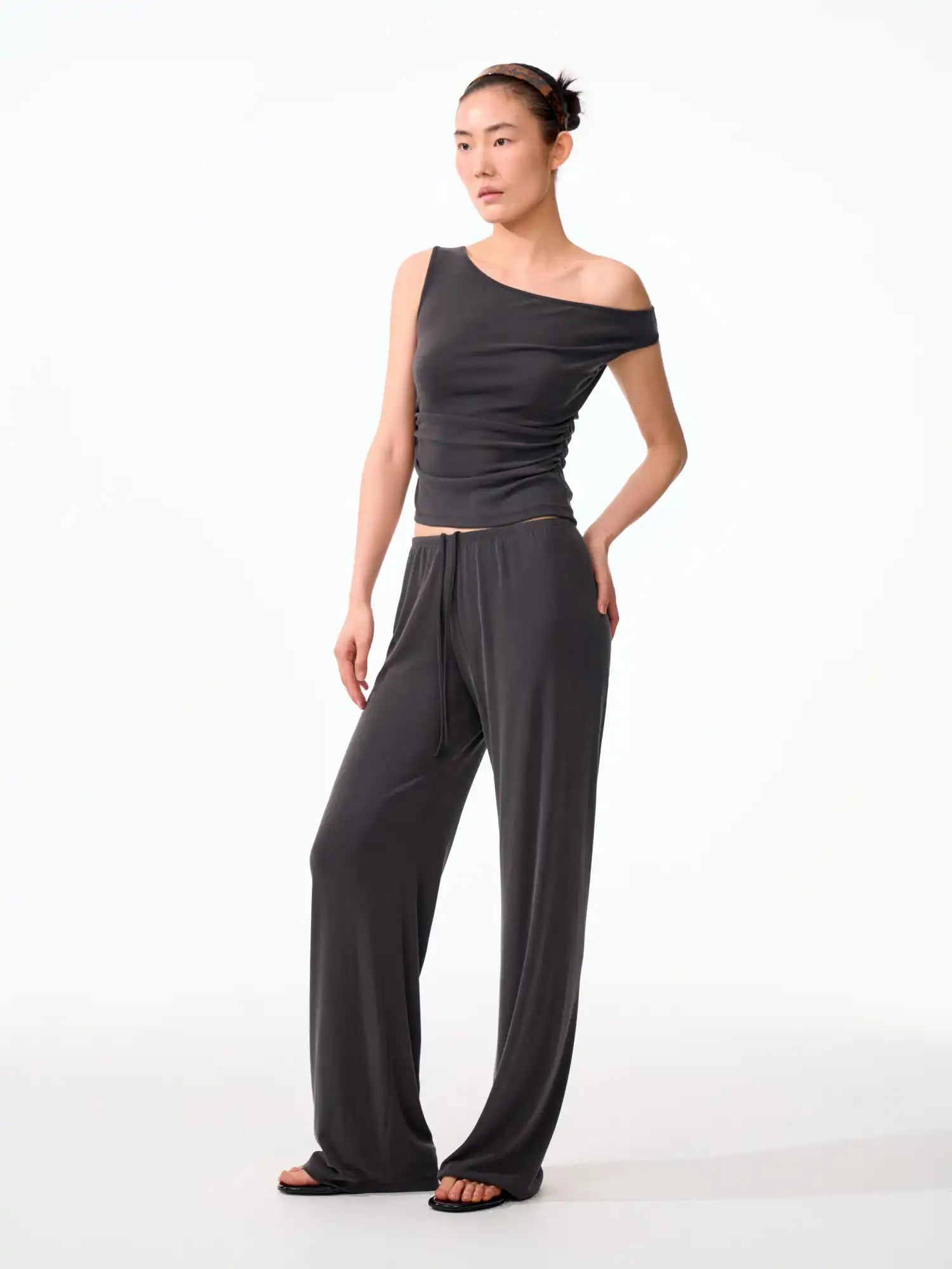 FirstFloor Solid Off Shoulder Ruched Crop Asymmetrical Top | Canton Collective
