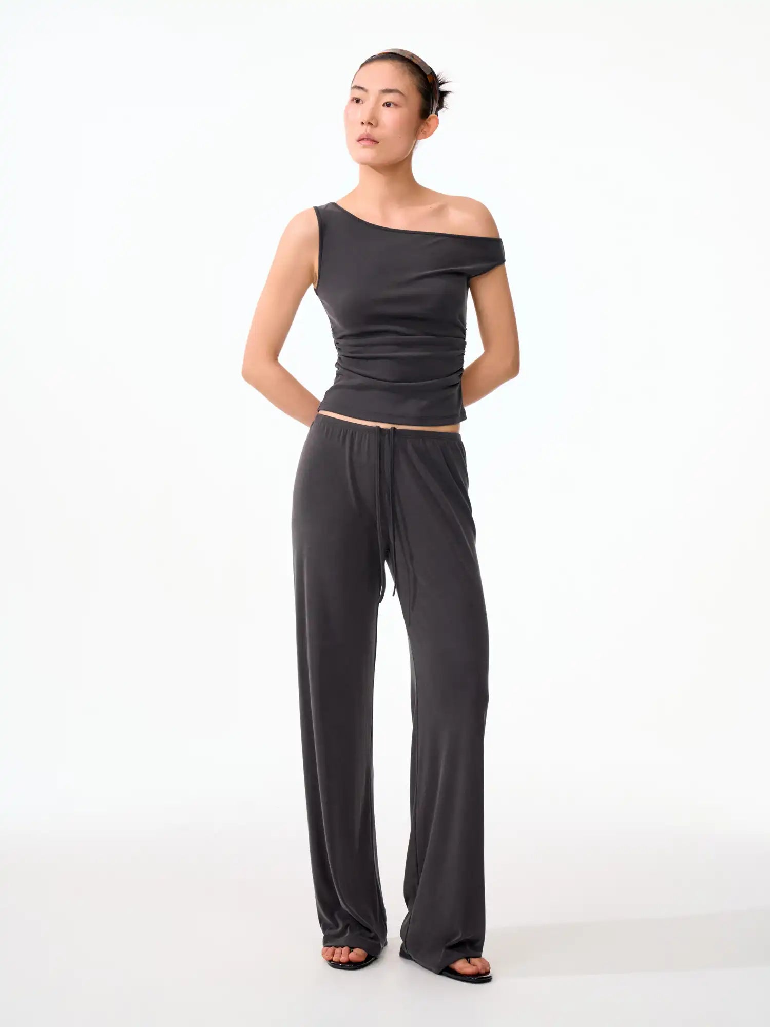 FirstFloor Solid Off Shoulder Ruched Crop Asymmetrical Top | Canton Collective