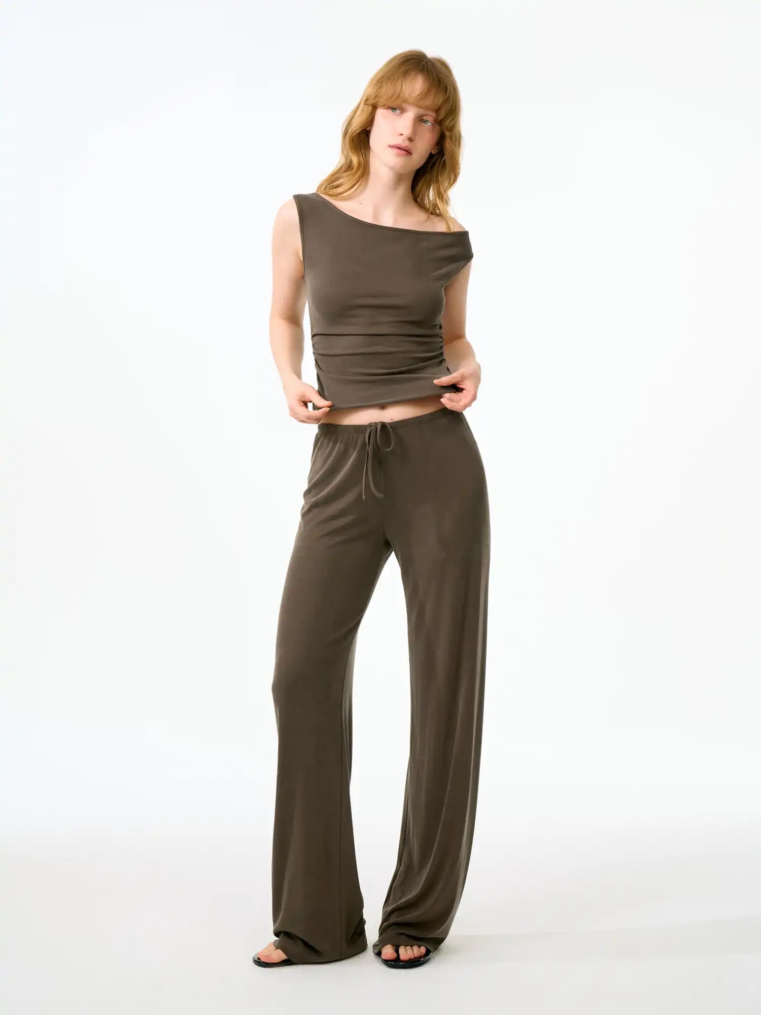 FirstFloor Solid Off Shoulder Ruched Crop Asymmetrical Top | Canton Collective