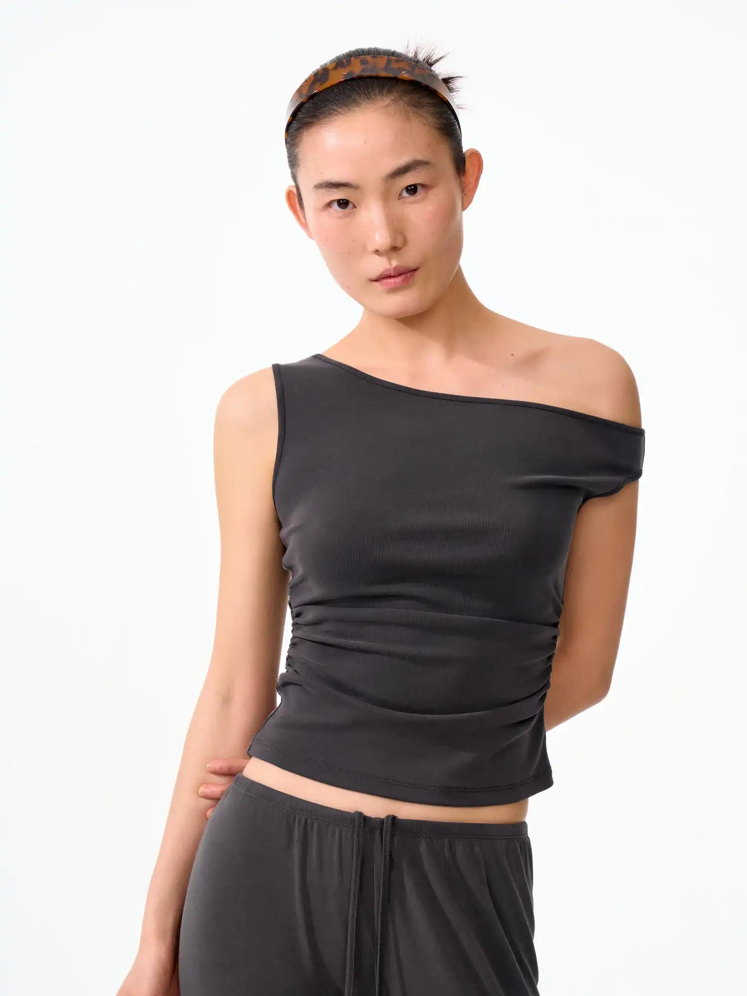 FirstFloor Solid Off Shoulder Ruched Crop Asymmetrical Top | Canton Collective