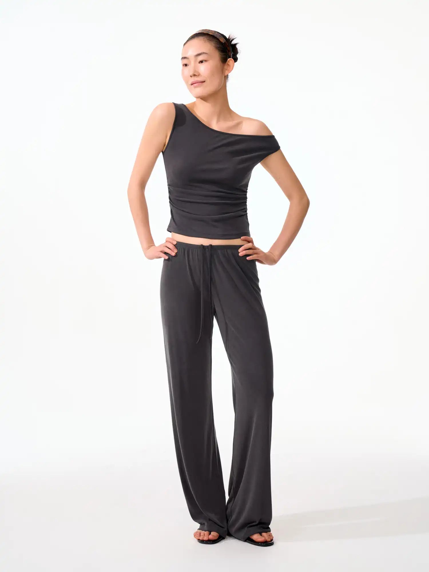 FirstFloor Solid Off Shoulder Ruched Crop Asymmetrical Top | Canton Collective