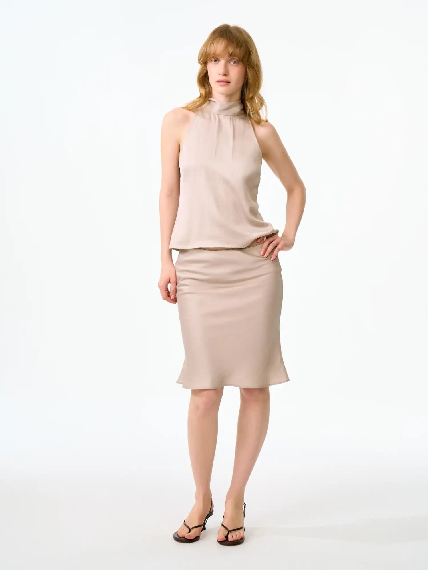 FirstFloor Sophisticated Draped Backless Satin Necktie Blouse | Canton Collective