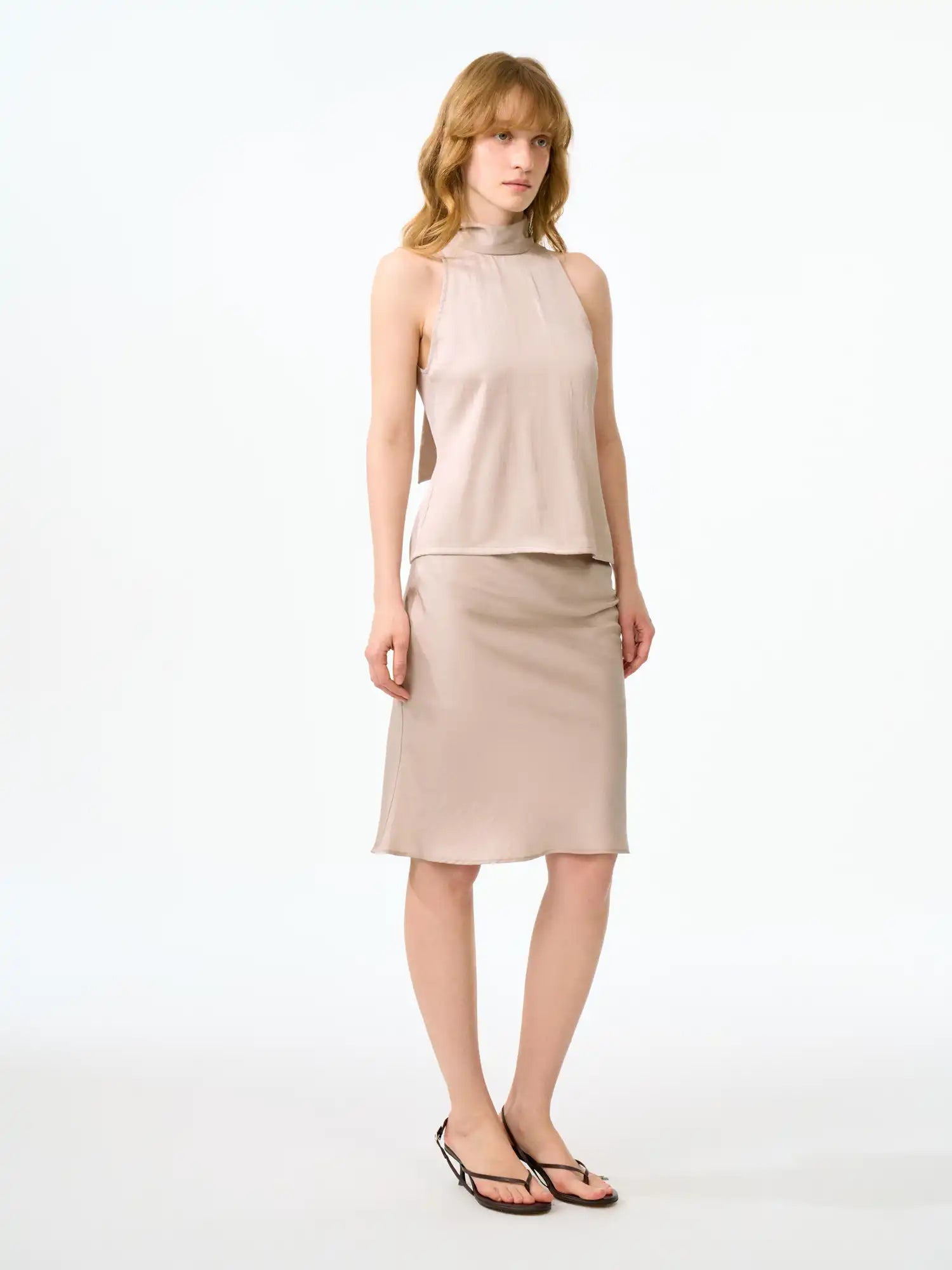 FirstFloor Sophisticated Draped Backless Satin Necktie Blouse | Canton Collective